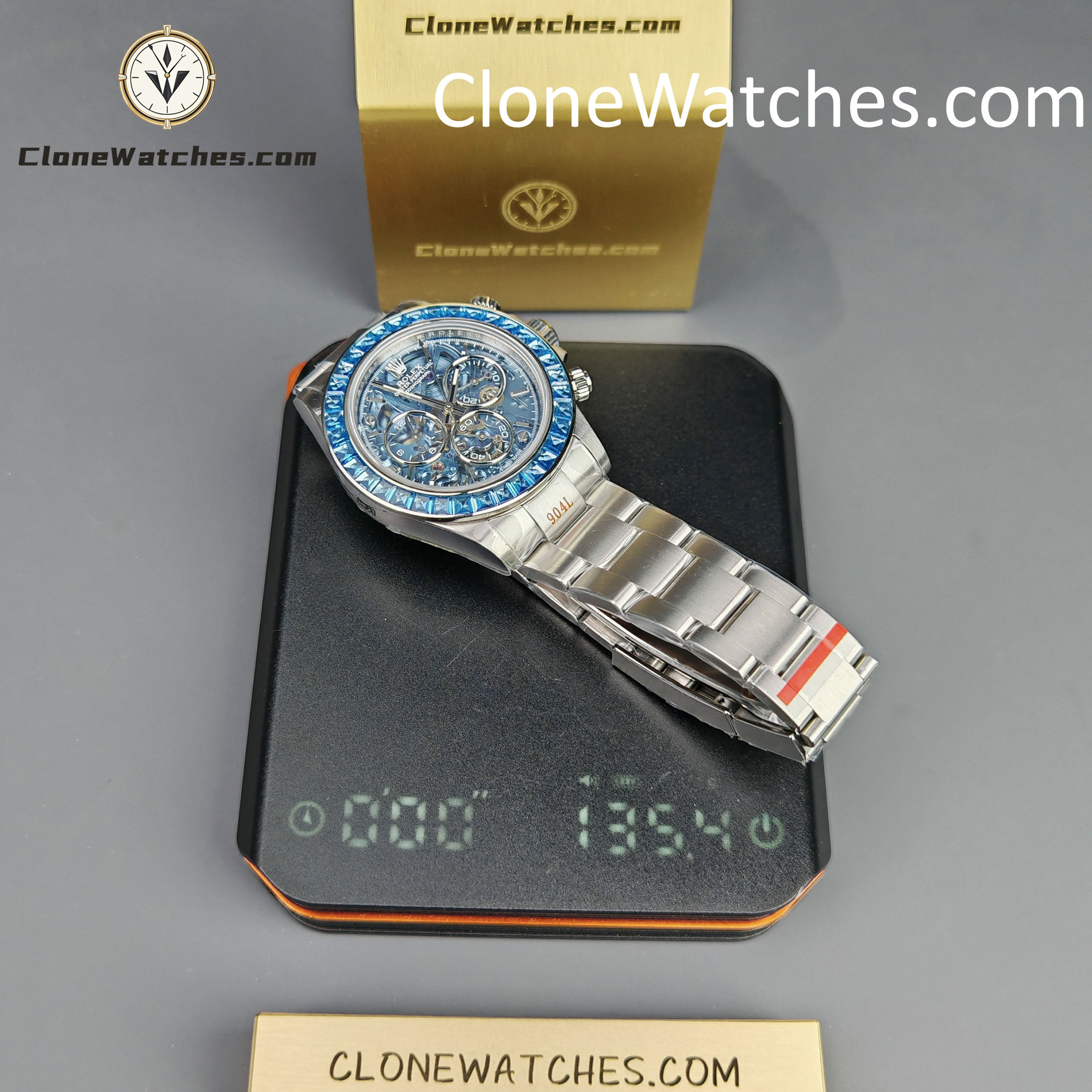 Rolex Super Clone Watches 1:1 Daytona Arolla Blue Crystal Skeleton Dial Diamonds Bezel 4130 Movement