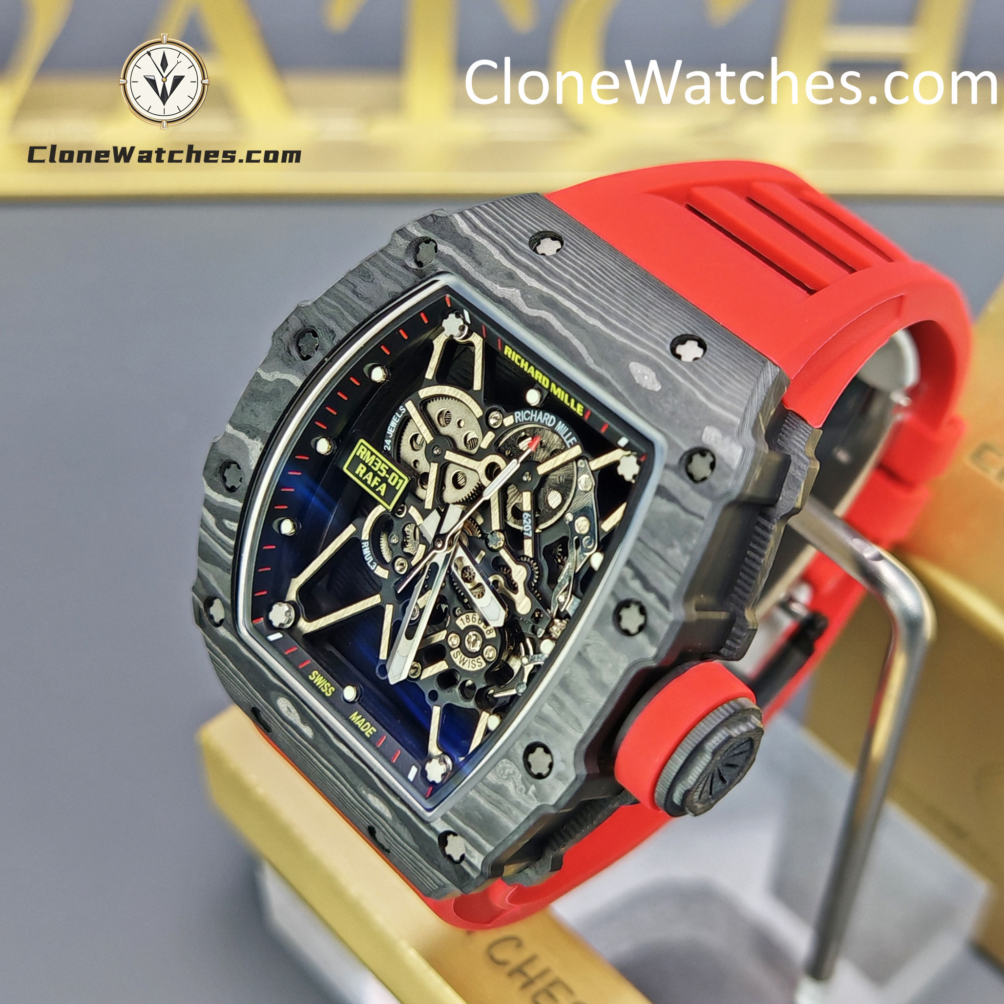 Richard Mille Super Clone Watches 1:1 RM 035 – 01 Carbon Tourbillon Red Strap