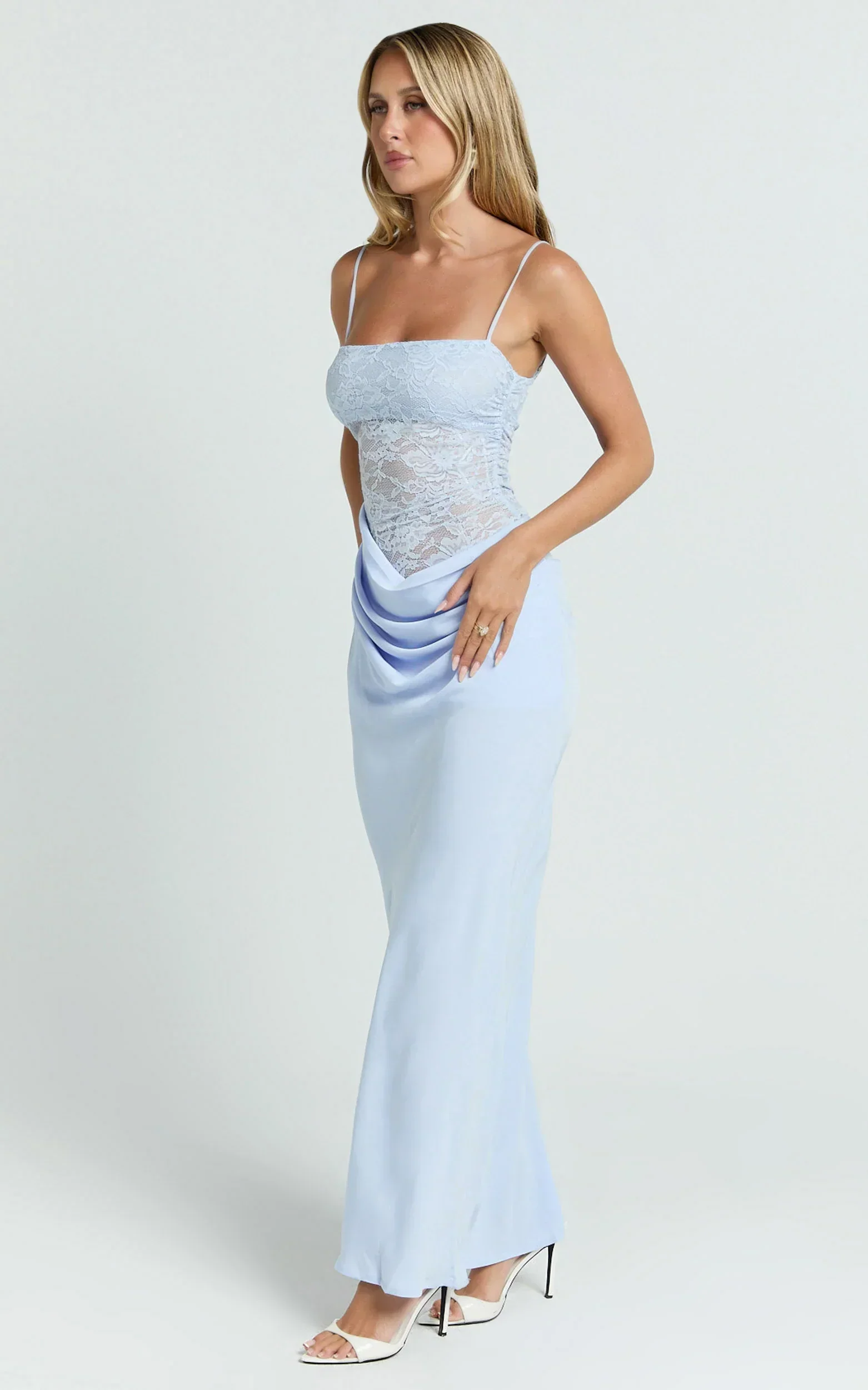 Rania Maxi Dress - Contrast Lace Bodice Bias Cowl Drop Waist Dress in Soft Blue