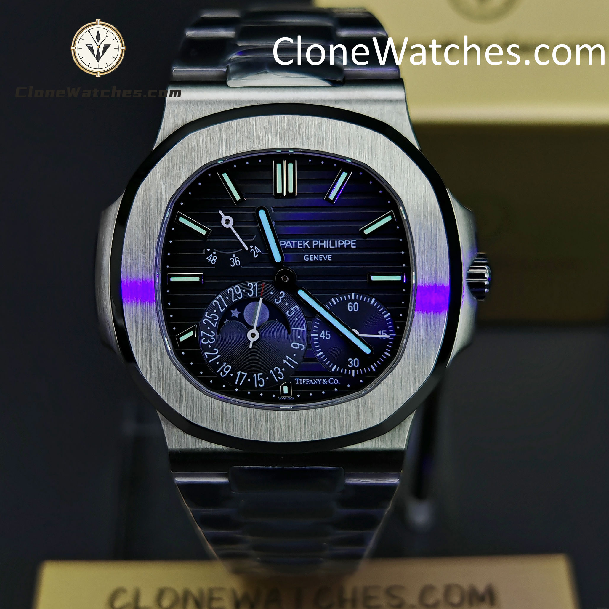 Patek Philippe Super Clone Watches 1:1 Nautilus Moon Phase 5712 Tiffany & Co Blue Dial New Clasp