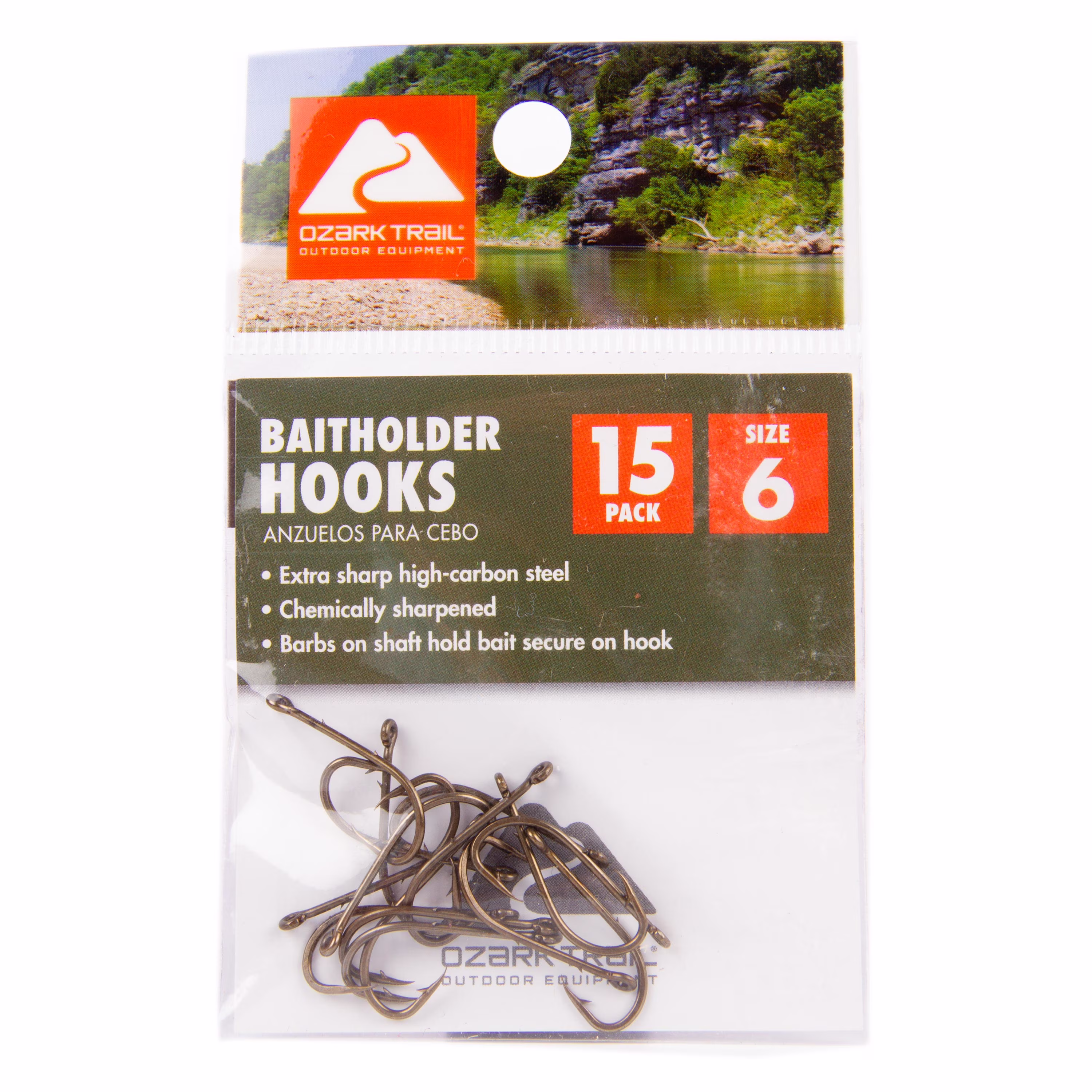 Ozark Trail Size 6 Baitholder Fishing Hooks, Bronze, Chemically Sharpened, High-Carbon Steel, 15-Pack