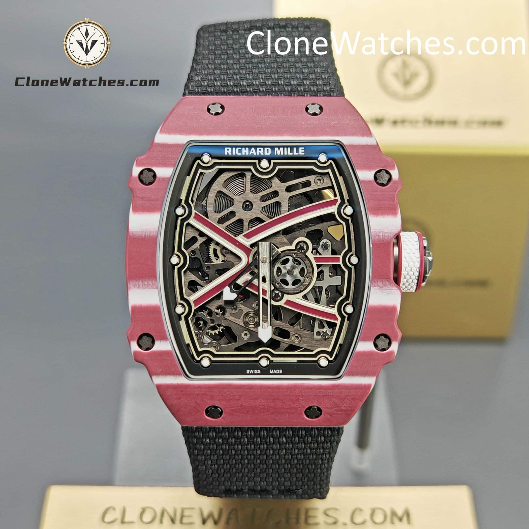 Richard Mille Super Clone Watches 1:1 RM 67 – 02 Red Carbon Tourbillon White Strap