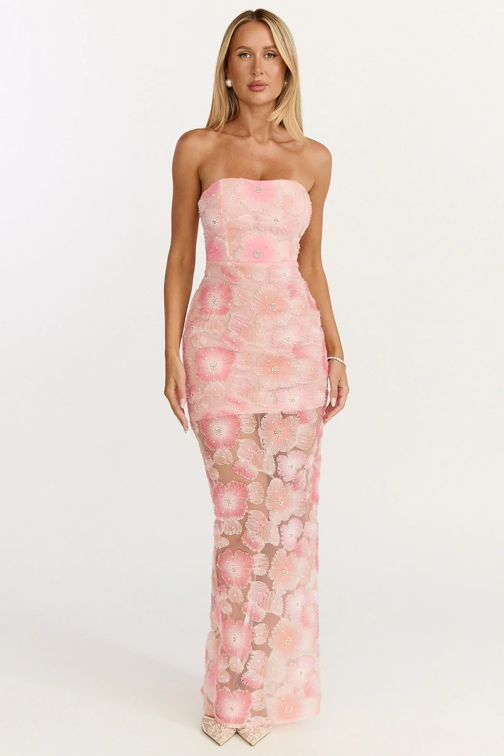 Lima Maxi Dress - Strapless Floral Embellished Column Dress in Pink