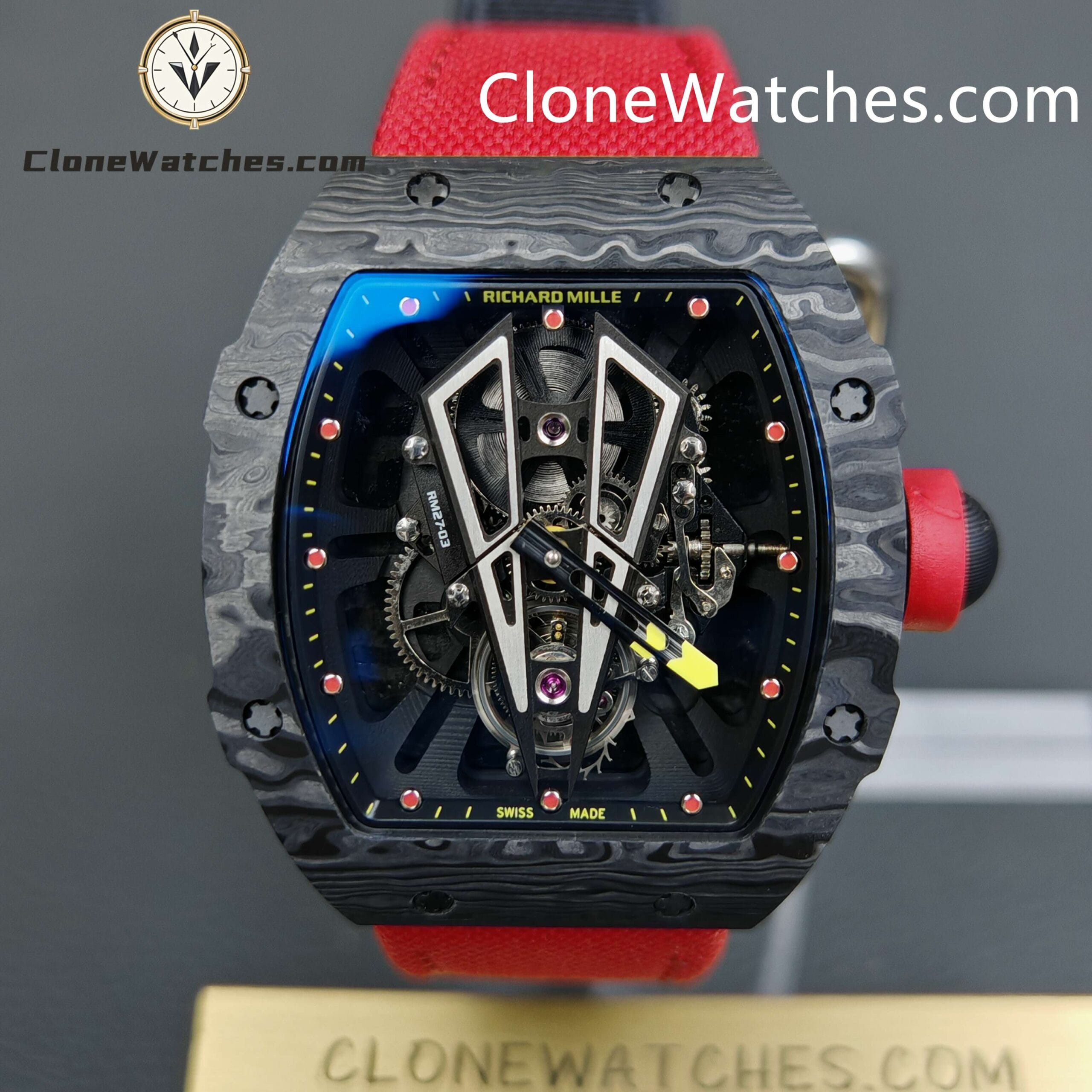 Richard Mille Super Clone Watches 1:1 RM 027 – 03 Carbon Tourbillon Red Strap