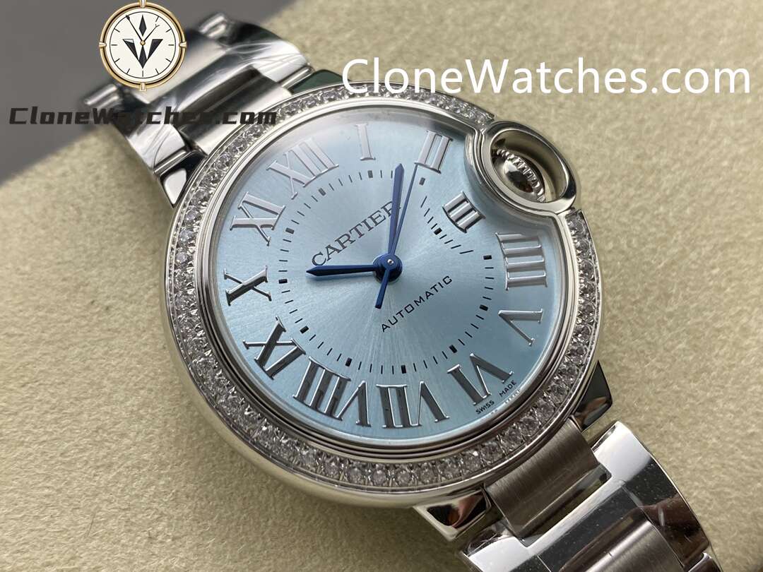 Cartier Super Clone Watches 1:1 Ballon Bleu de W4BB0028 Blue Dial Diamond Bezel 33mm