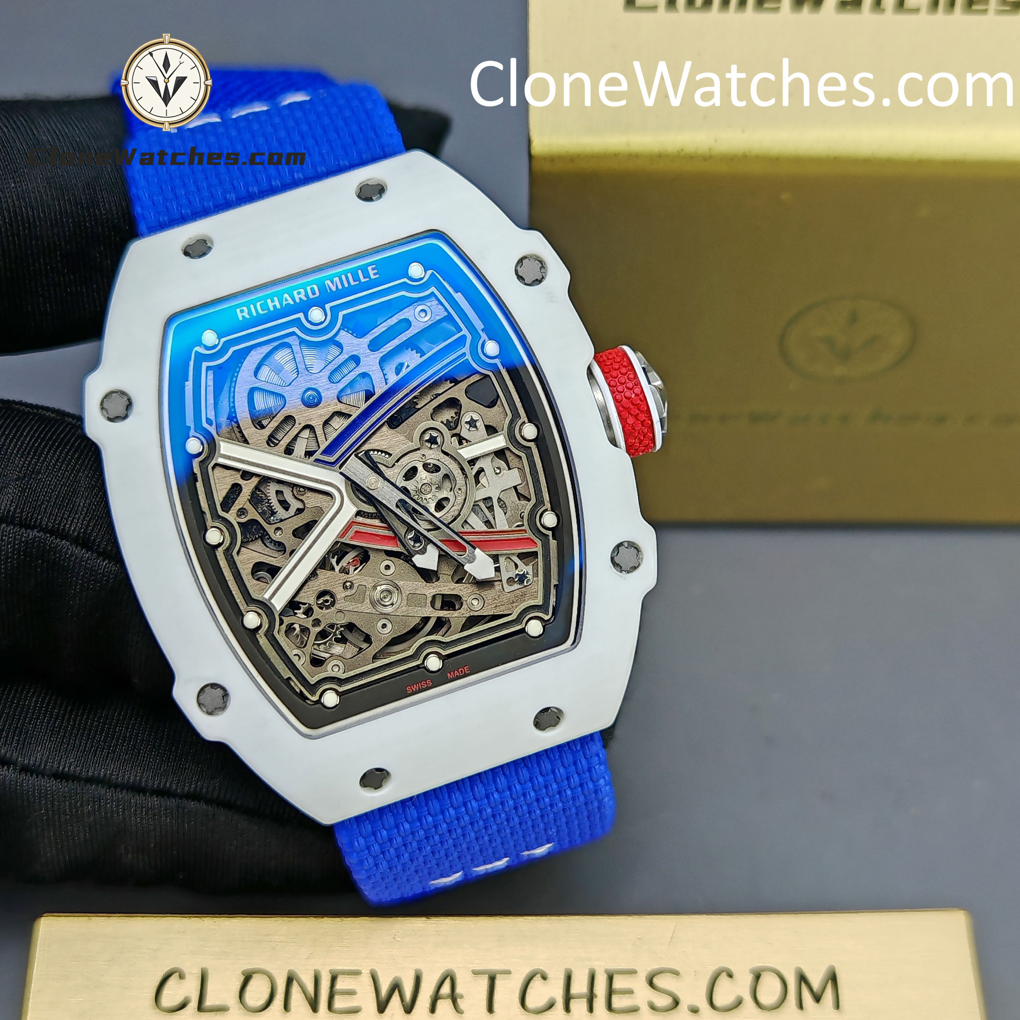 Richard Mille Super Clone Watches 1:1 RM 67 – 02 White Carbon Tourbillon Blue Strap