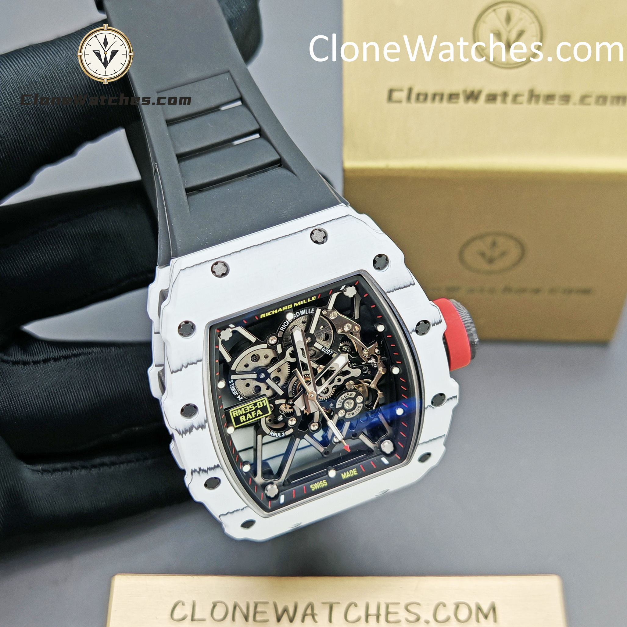 Richard Mille Super Clone Watches 1:1 RM 035 – 01 White Carbon Tourbillon Black Strap