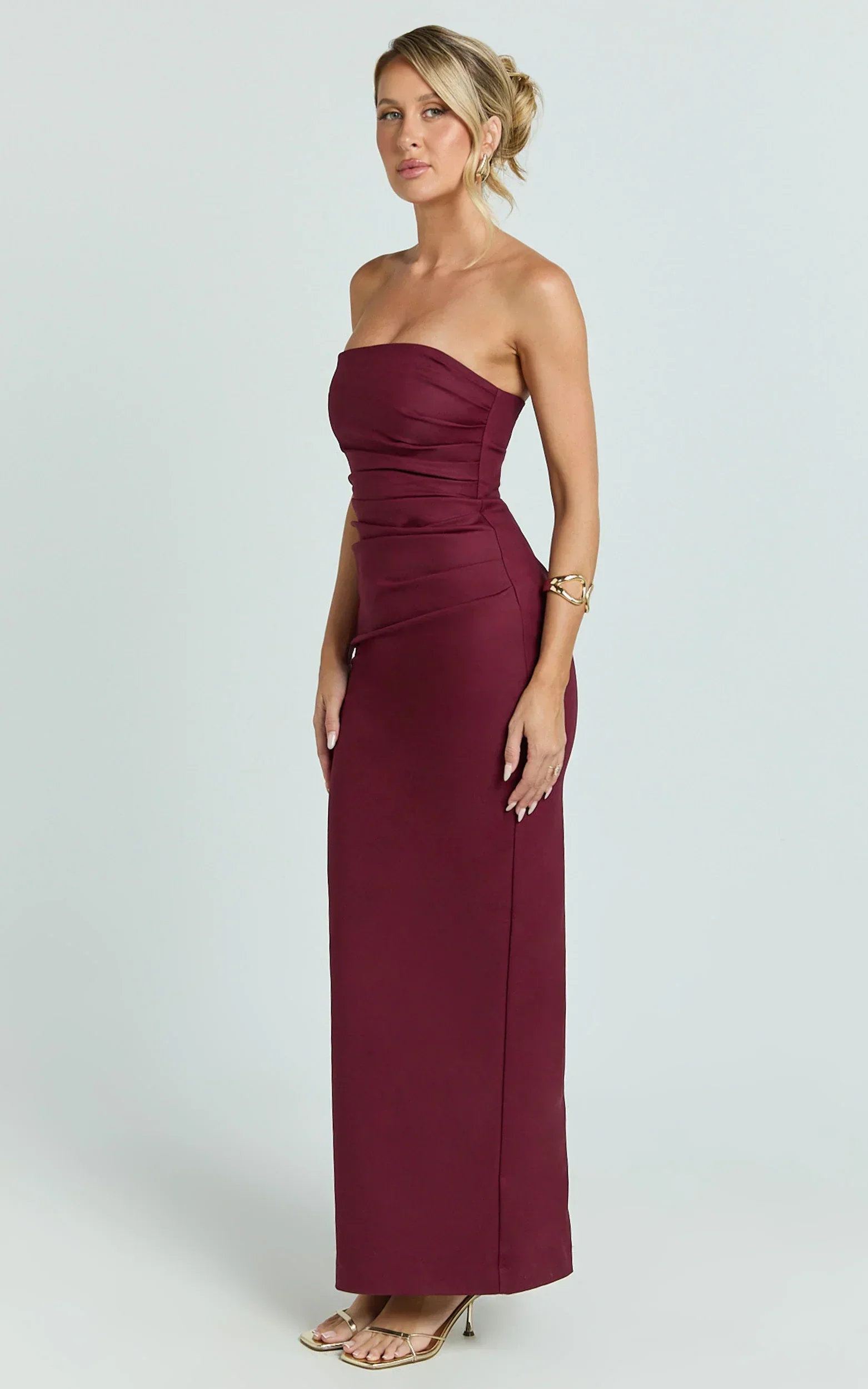 Jamie Maxi Dress - Strapless Ruched Fitted Column Dress in Wine