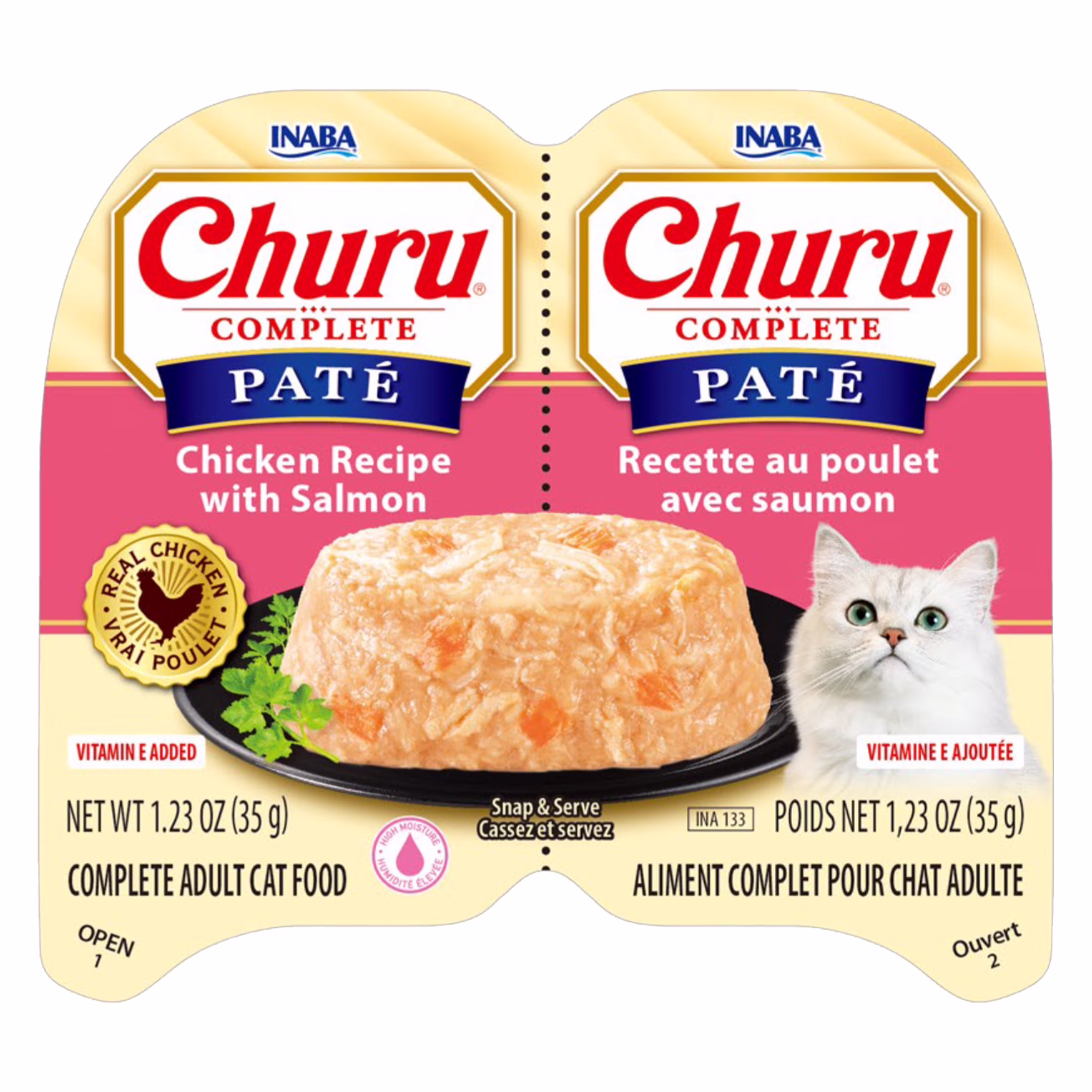 INABA Churu Complete Pate Wet Cat Food with Fish Oil, 1.23oz. per Serving, 2 Servings, Chicken Recipe with Salmon
