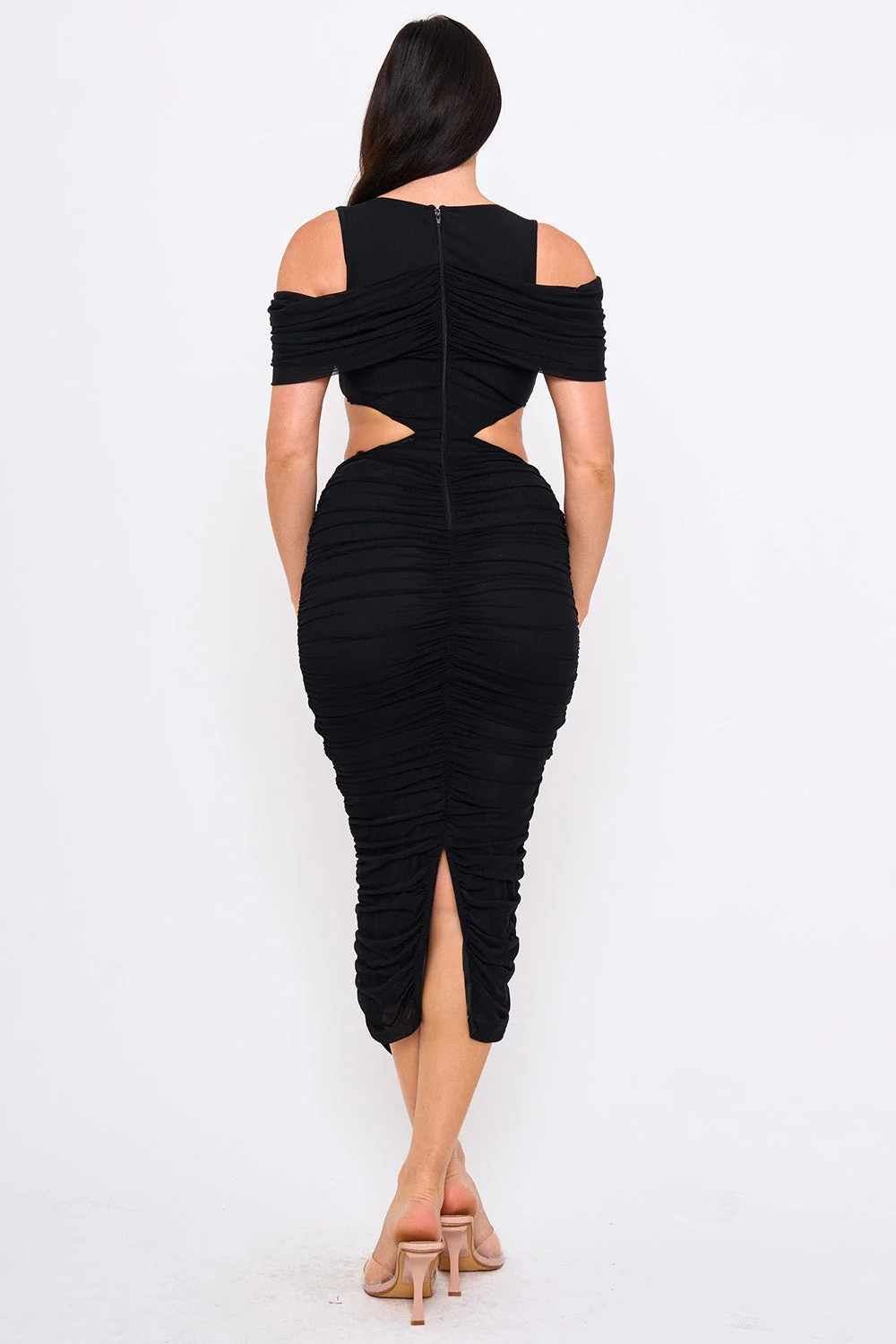 Symphony Dress - Mesh Shirring On Open Shoulder With Cutout Waist Midi Dress