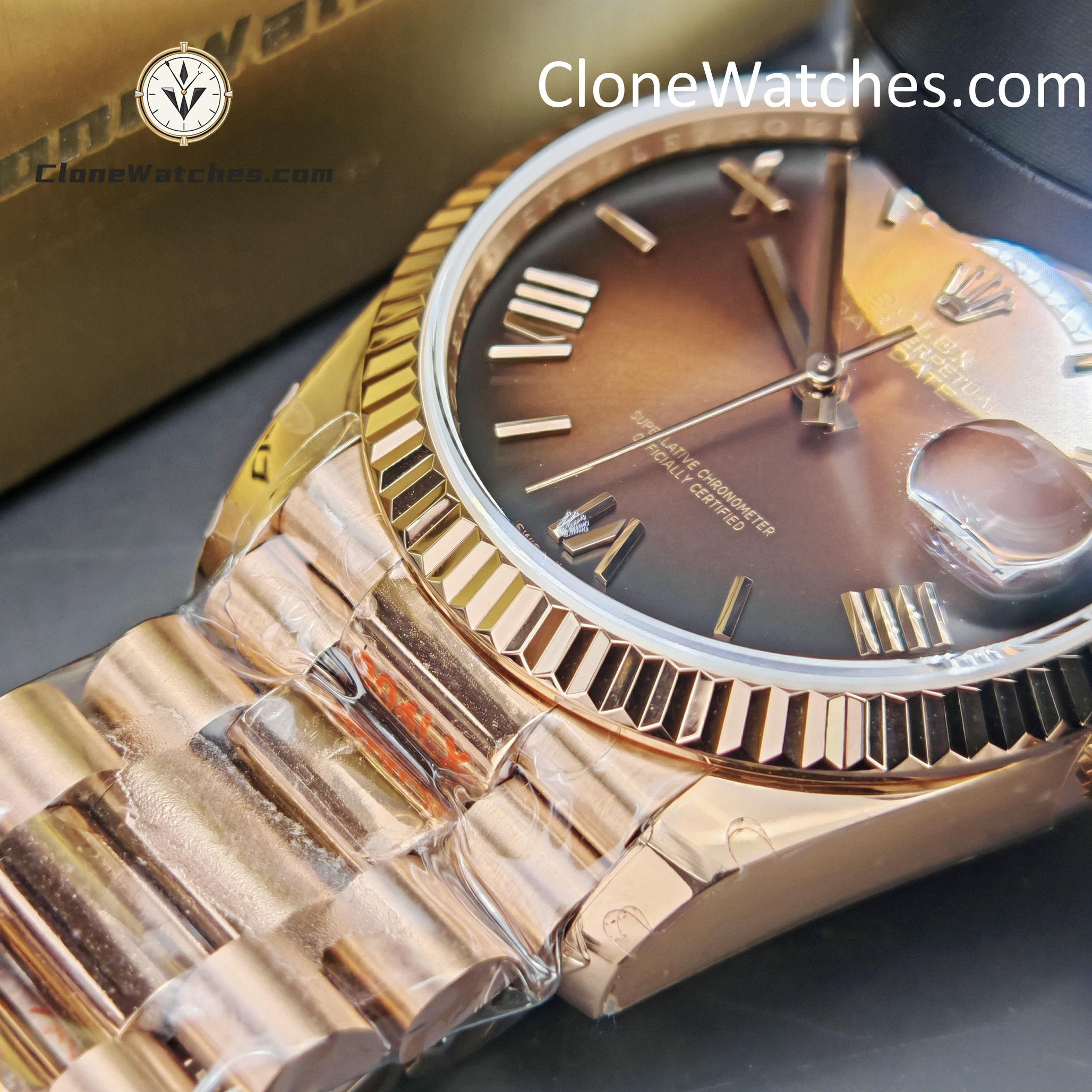 Rolex Super Clone Watches 1:1 Day Date Rose Gold Brown Roman Dial 36mm m128235-0075 3255 Movement