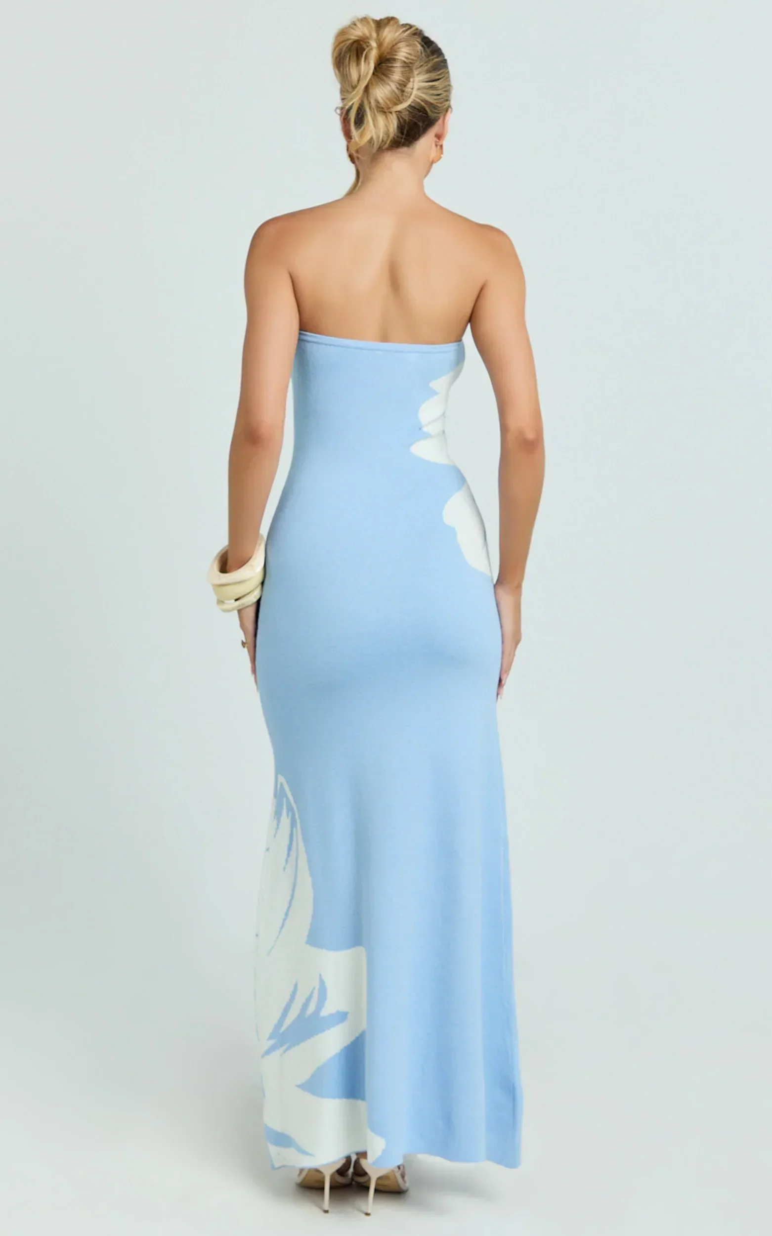 Amy Midi Dress - Knit Strapless Column Dress in Intarsia Print