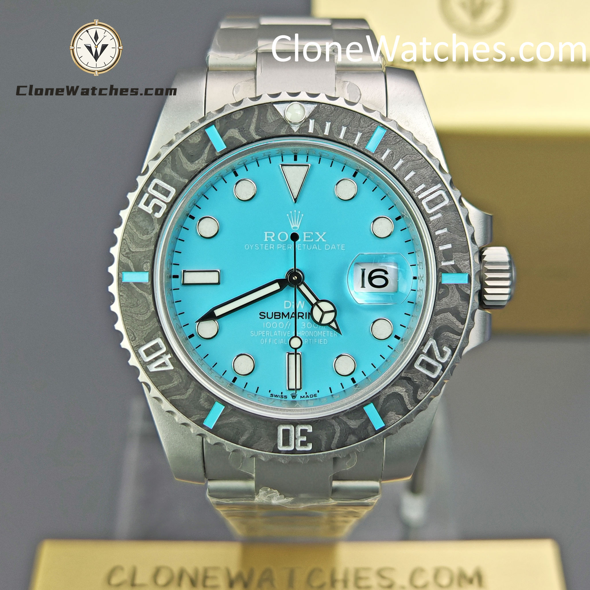 Rolex Super Clone Watches 1:1 DIW Aquamarine Tiffany Blue Dial Submariner Carbon Bezel 3135 Movement