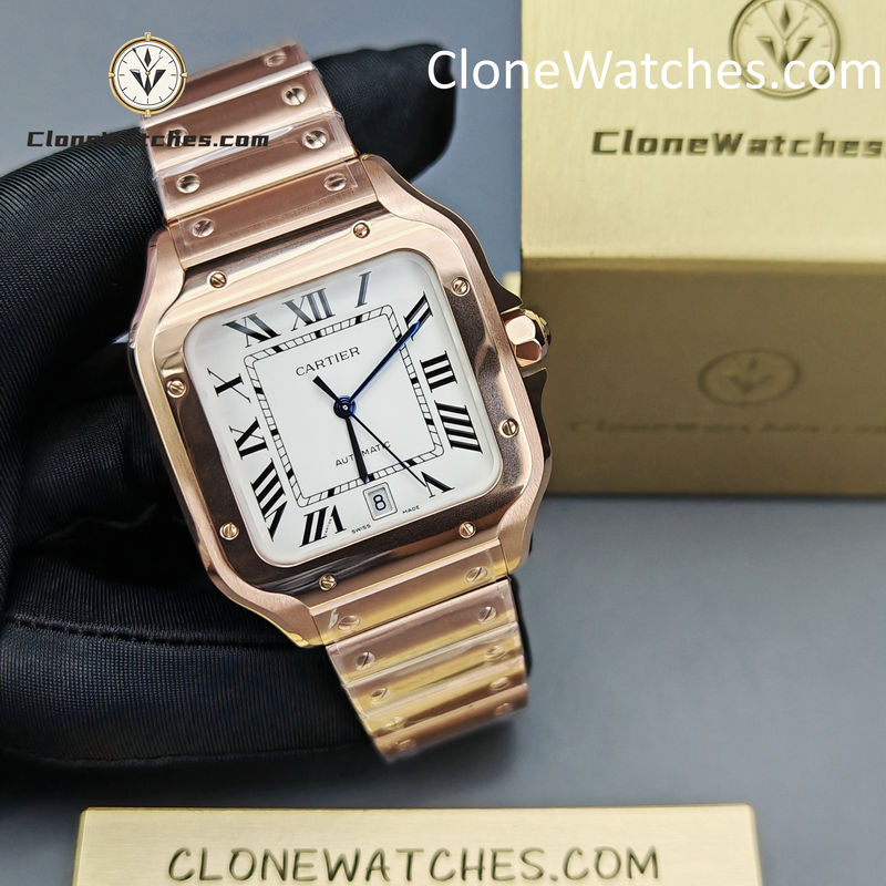 Cartier Super Clone Watches 1:1 Santos Rose Gold White Dial 39.8MM WGSA0018