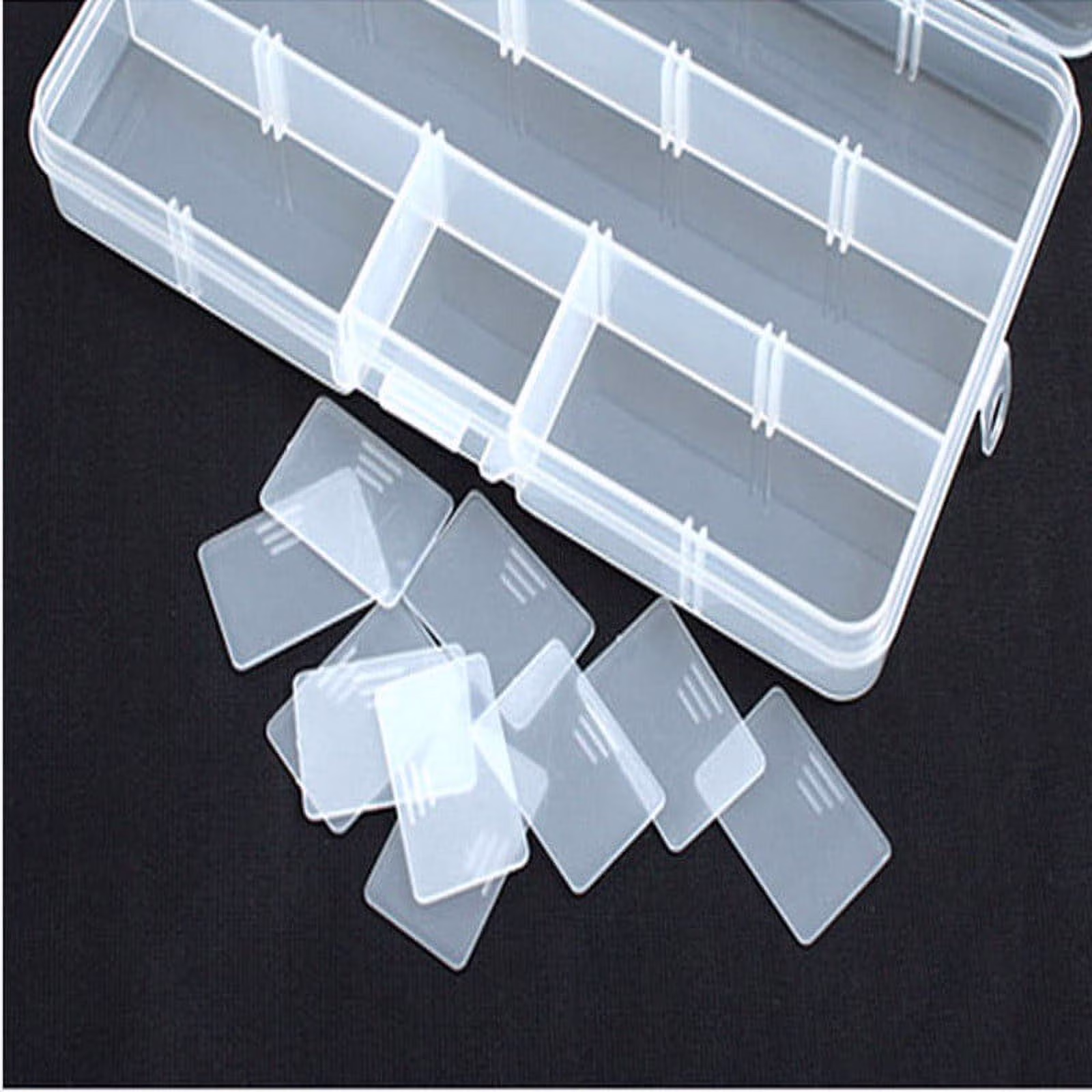 PLPPYFS Small Fishing Tackle Box Organizer with 15 Compartments, Clear Plastic Storage Tray with Adjustable Dividers, Portable Snackle Case for Hooks, Lures, and Beads