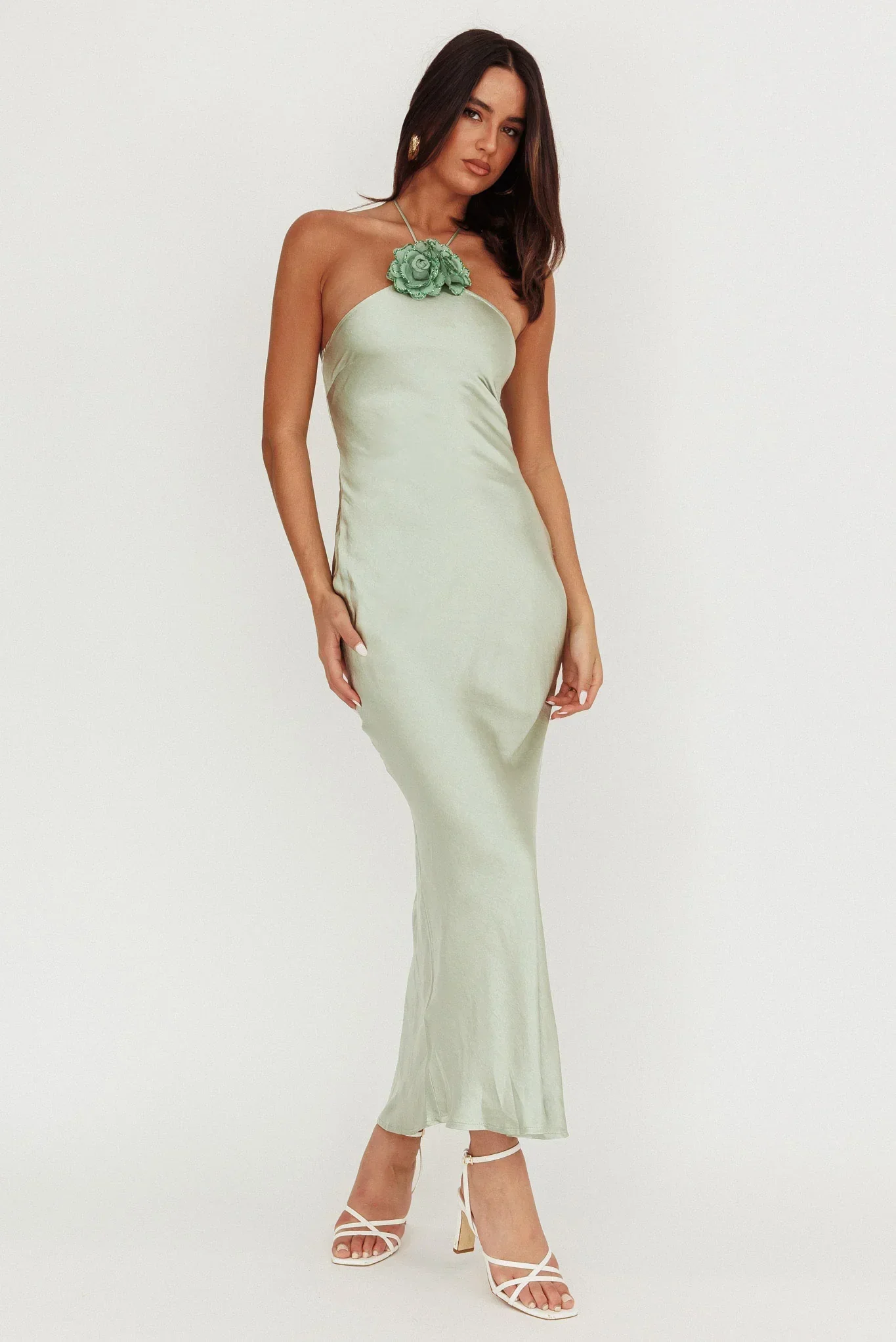 High Roller Flower Decoration Halter Dress Sage