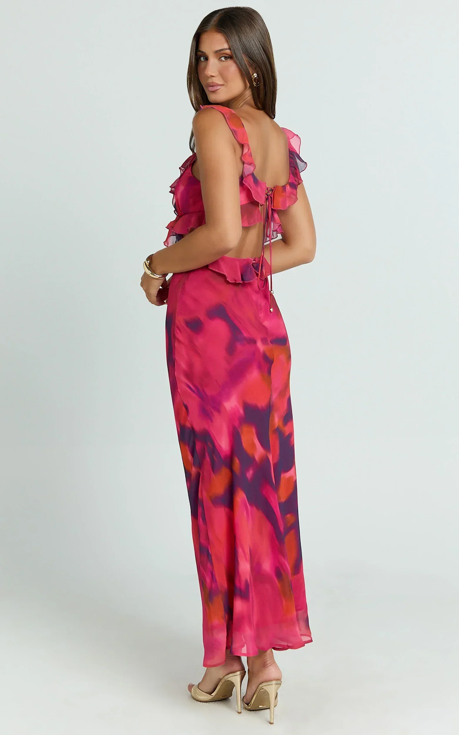 Alessa Maxi Dress - V Neck Frill Detail Empire Waist Back Cut Out Dress in Adeana Print