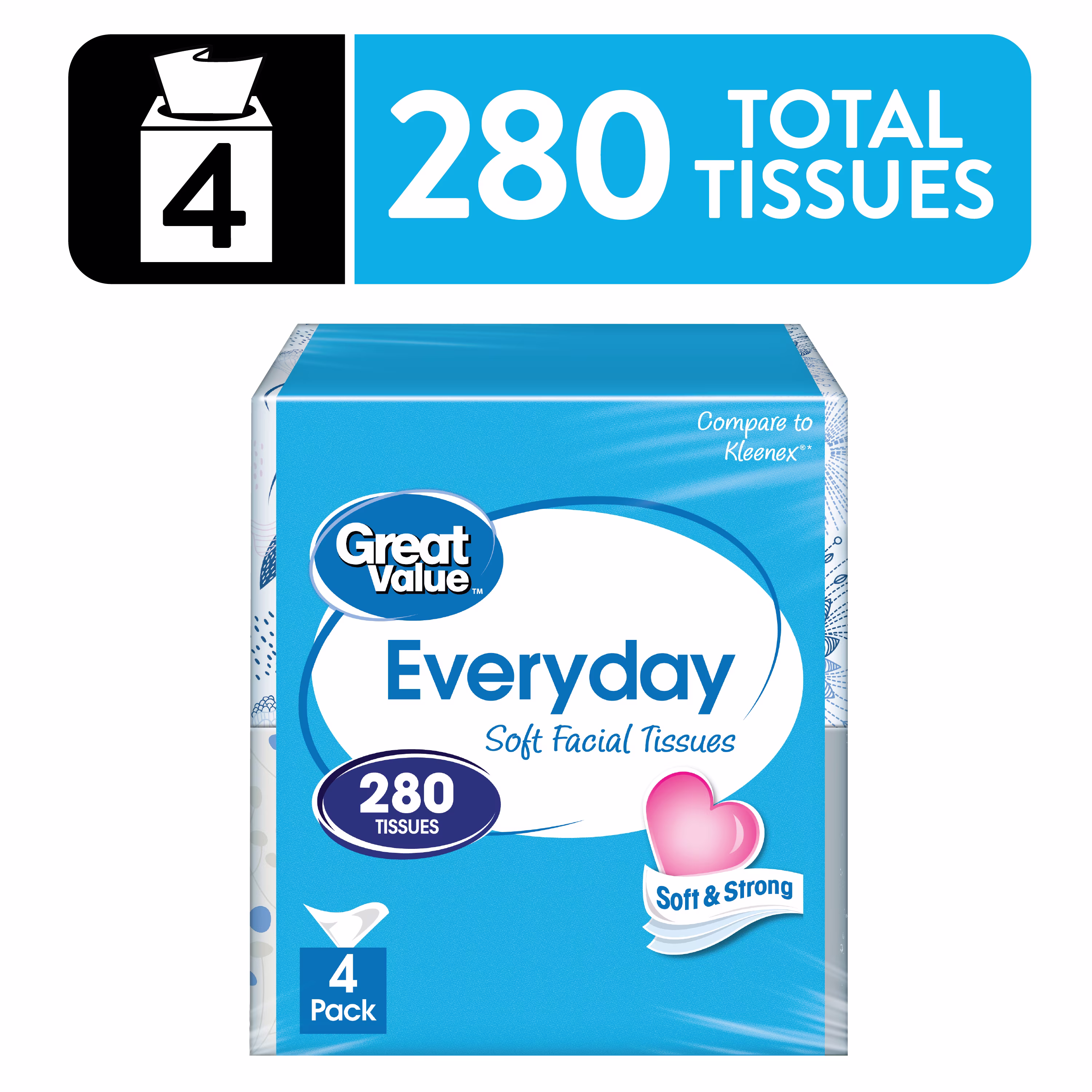 Great Value Everyday Soft Facial Tissues, 4 Cubes, 70 Tissues per Cube, 2-Ply