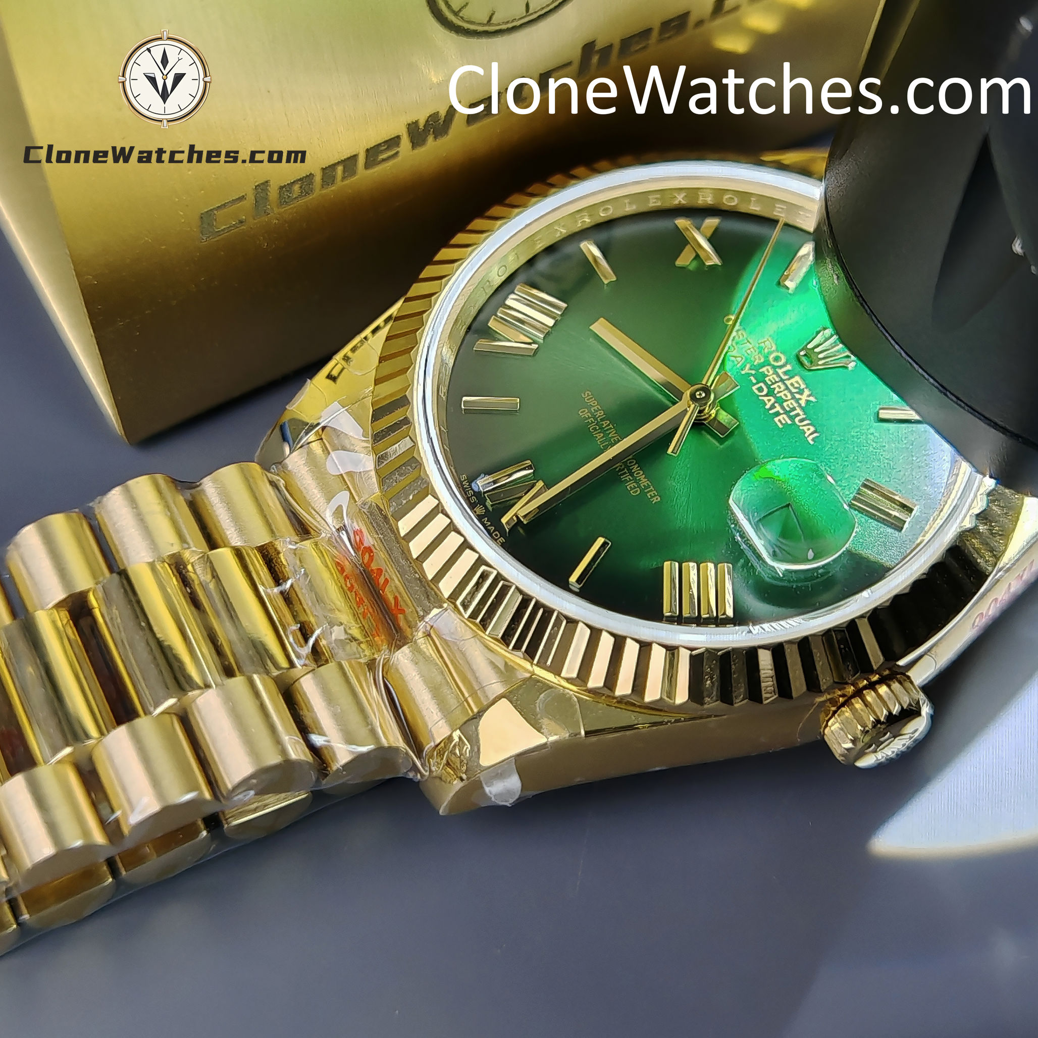 Rolex Super Clone Watches 1:1 Day Date 18K Gold Green Dial 40mm m228238-0069 3255 Movement