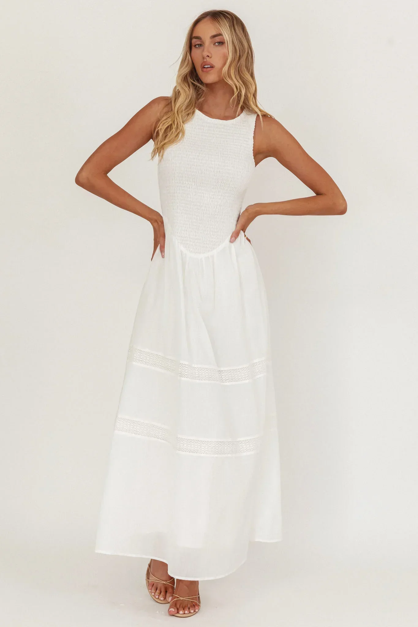 Smith Shirred Bodice Midi Dress White