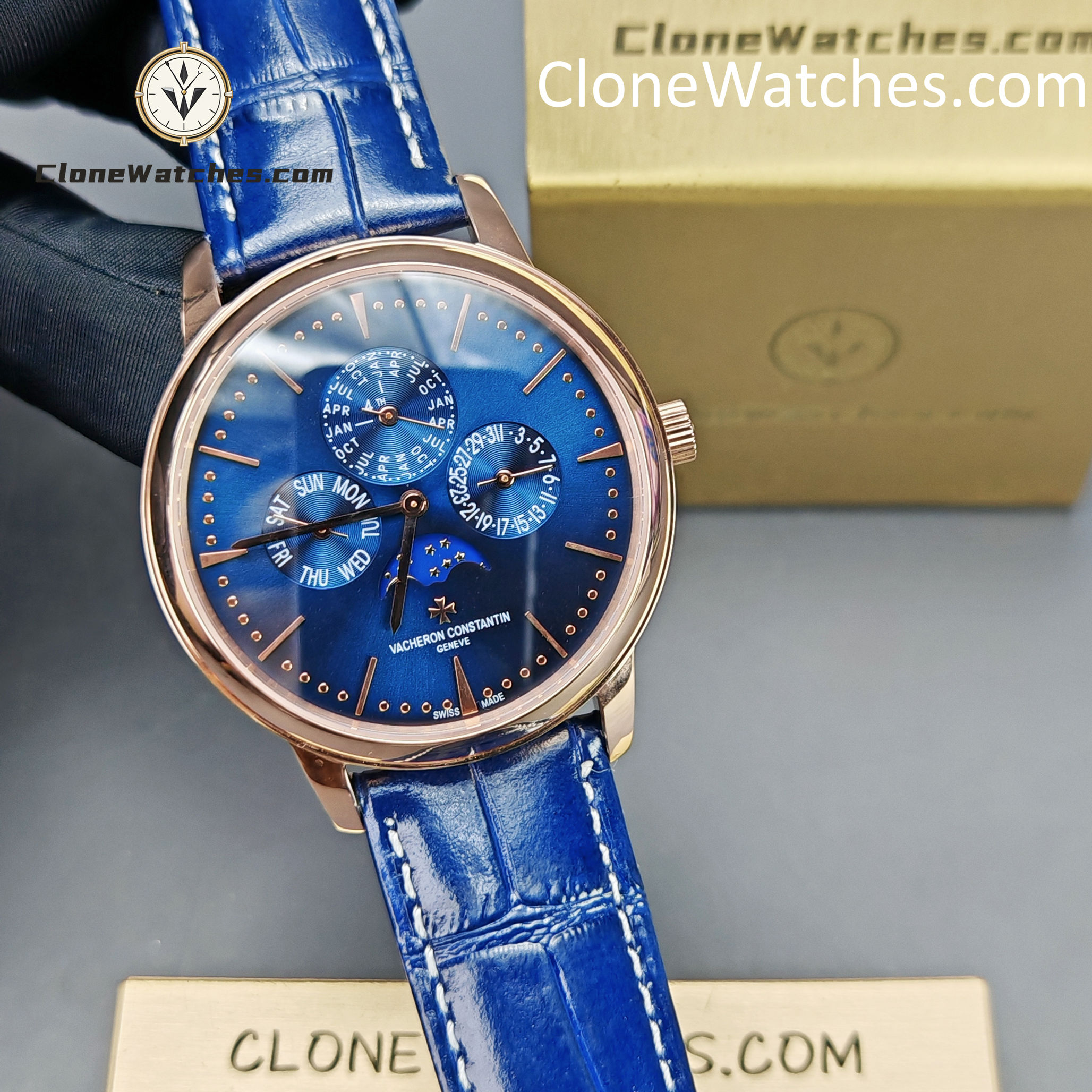Vacheron Constantin Super Clone Watches 1:1 Patrimony Perpetual Calendar Rose Gold 43175/000R-B519 Blue Dial