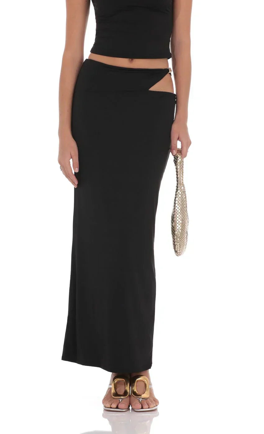 Cutout Embellished Maxi Skirt in Black