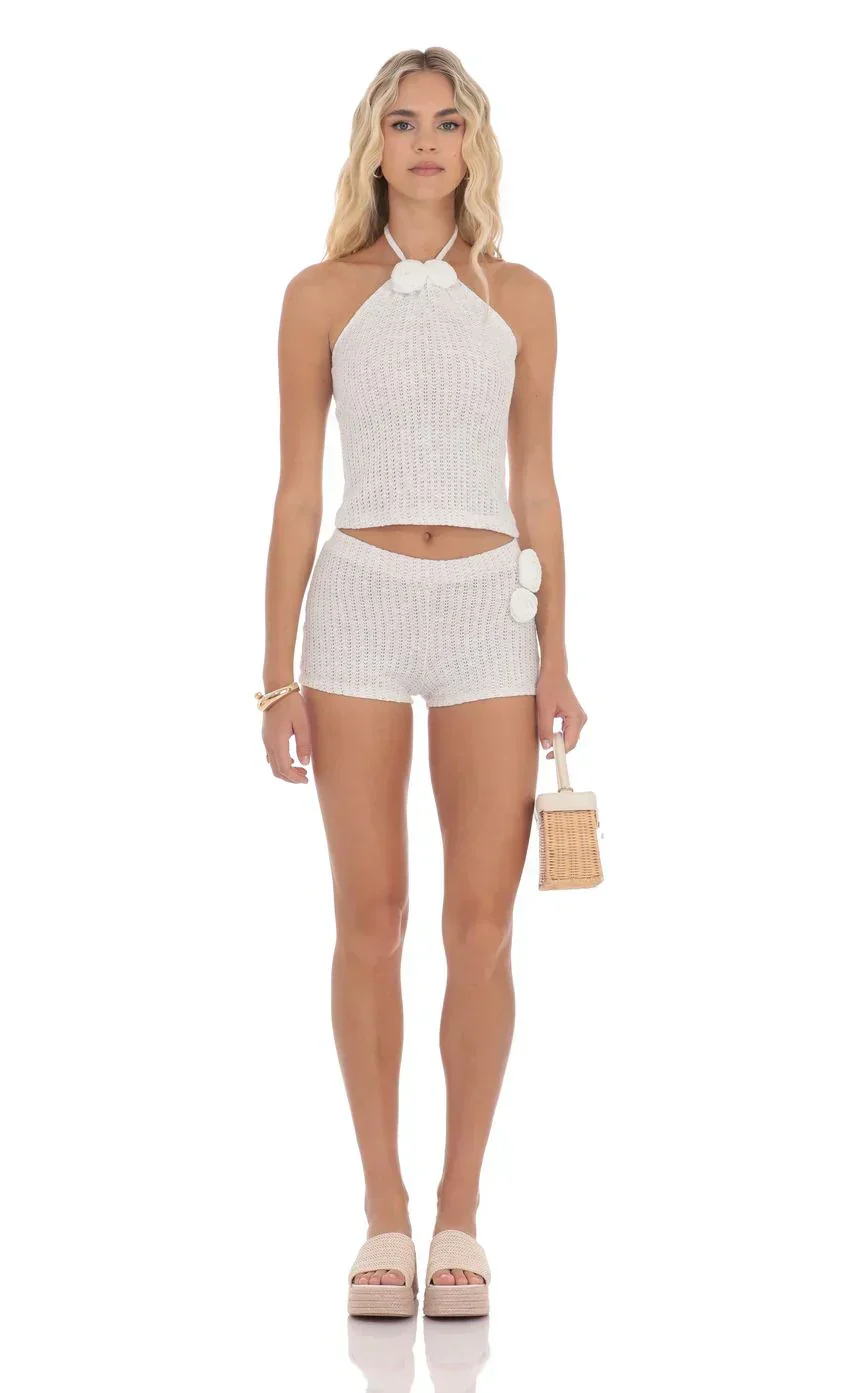 Crochet Rosette Halter Top in White