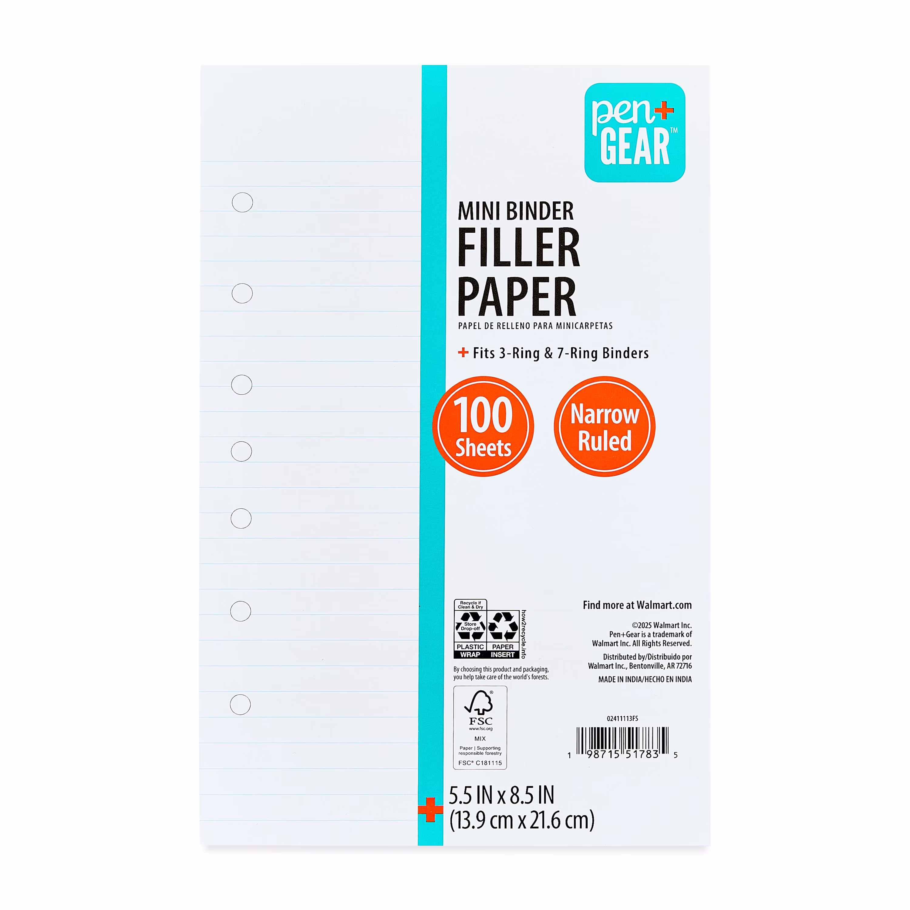 Pen+Gear Narrow Ruled Mini Binder Filler Paper, 5.5