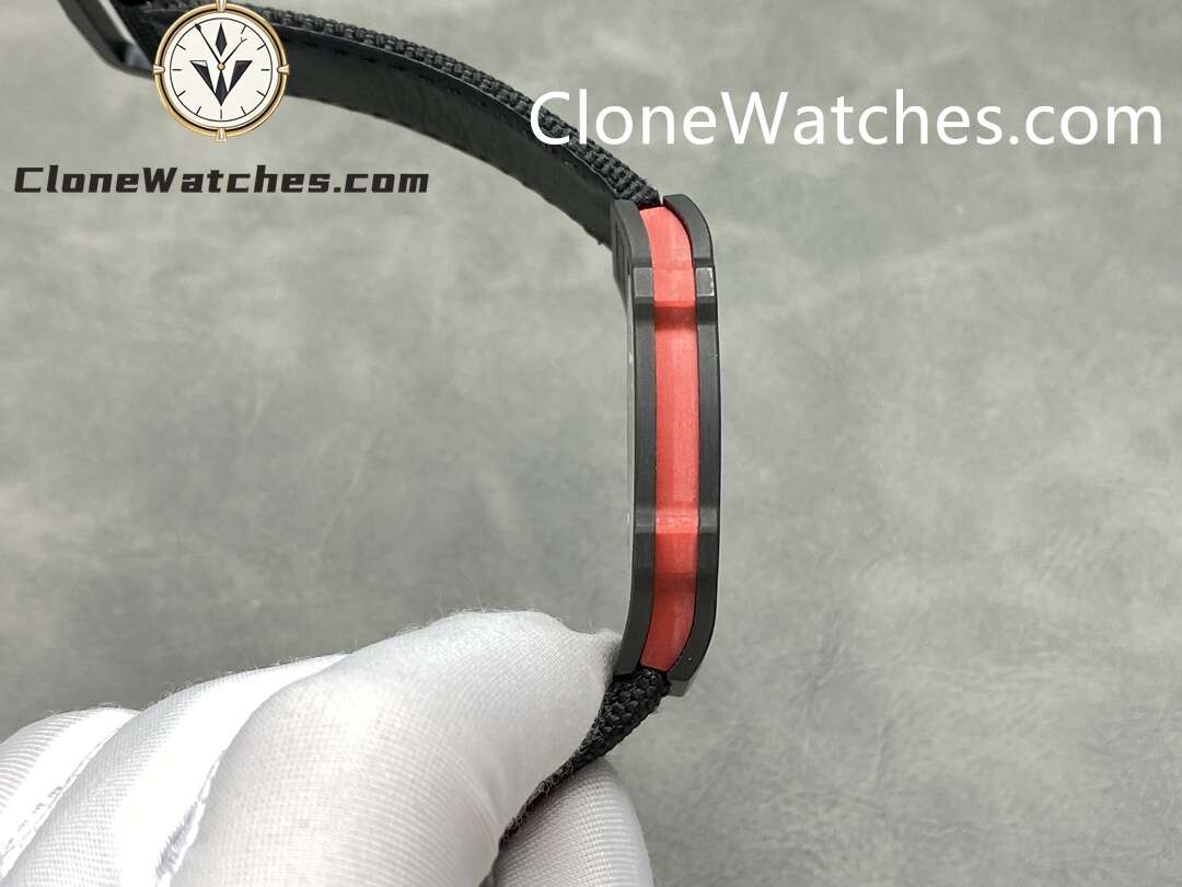 Richard Mille Super Clone Watches 1:1 RM 67 – 02 Carbon Tourbillon Red & Yellow Inner Bezel Black Strap