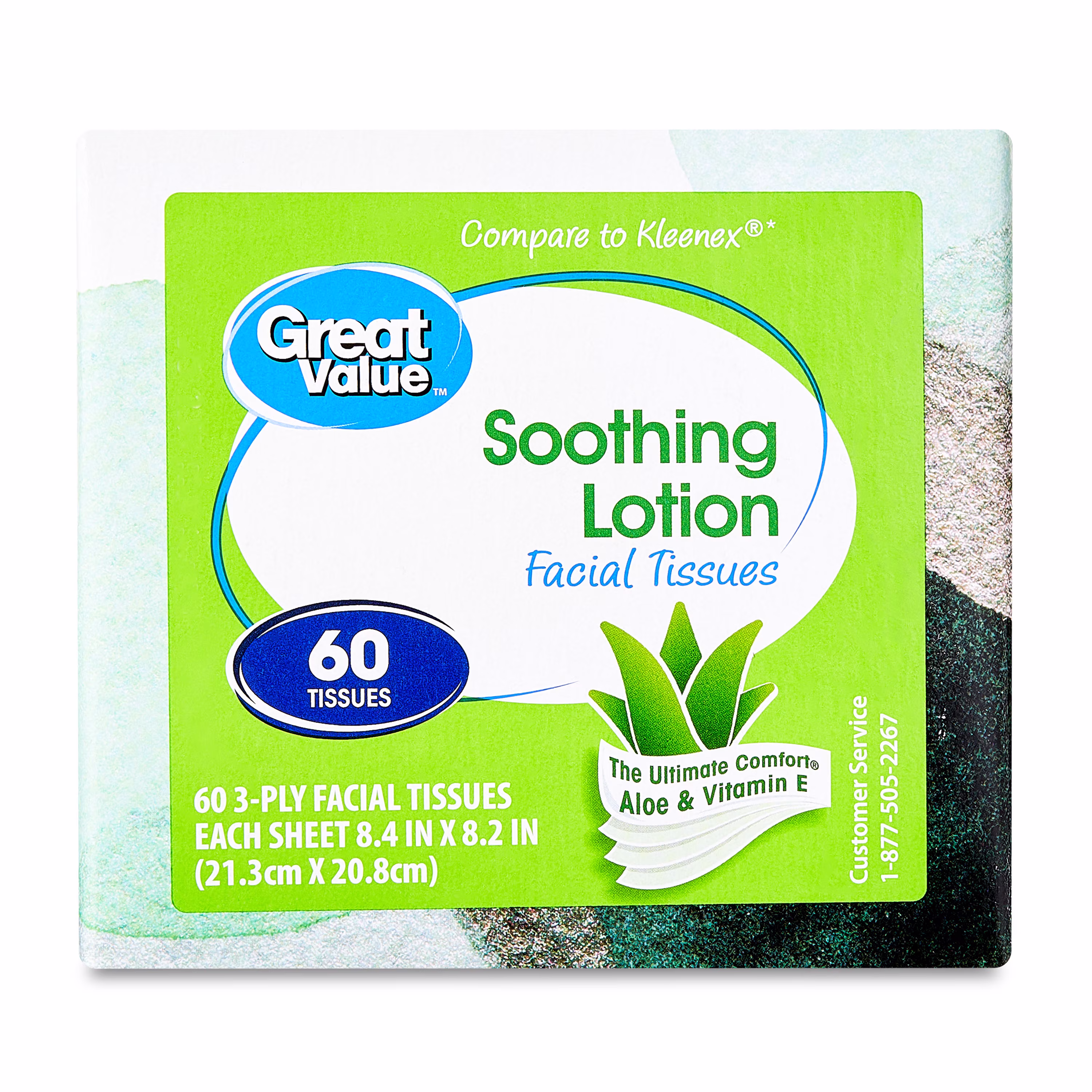Great Value Soothing Lotion Facial Tissues, 1 Cube, 60 Tissues per Cube, 3-Ply, Compare to Kleenex®