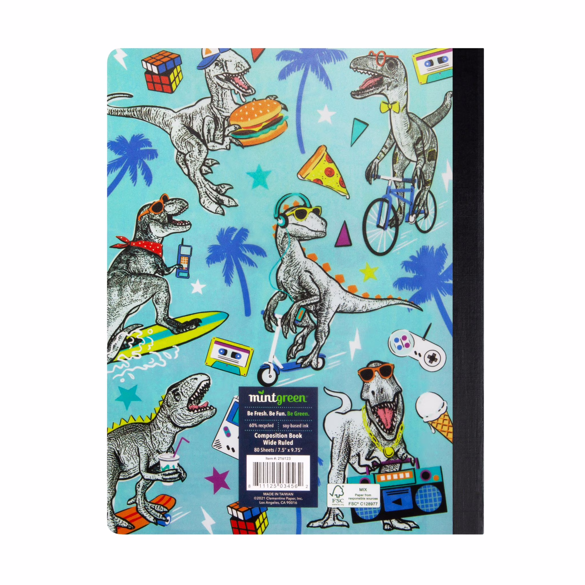 Mintgreen Journal, Composition Book, Wide Ruled, 80 Sheets, Recycled Paper, Dinosaurs