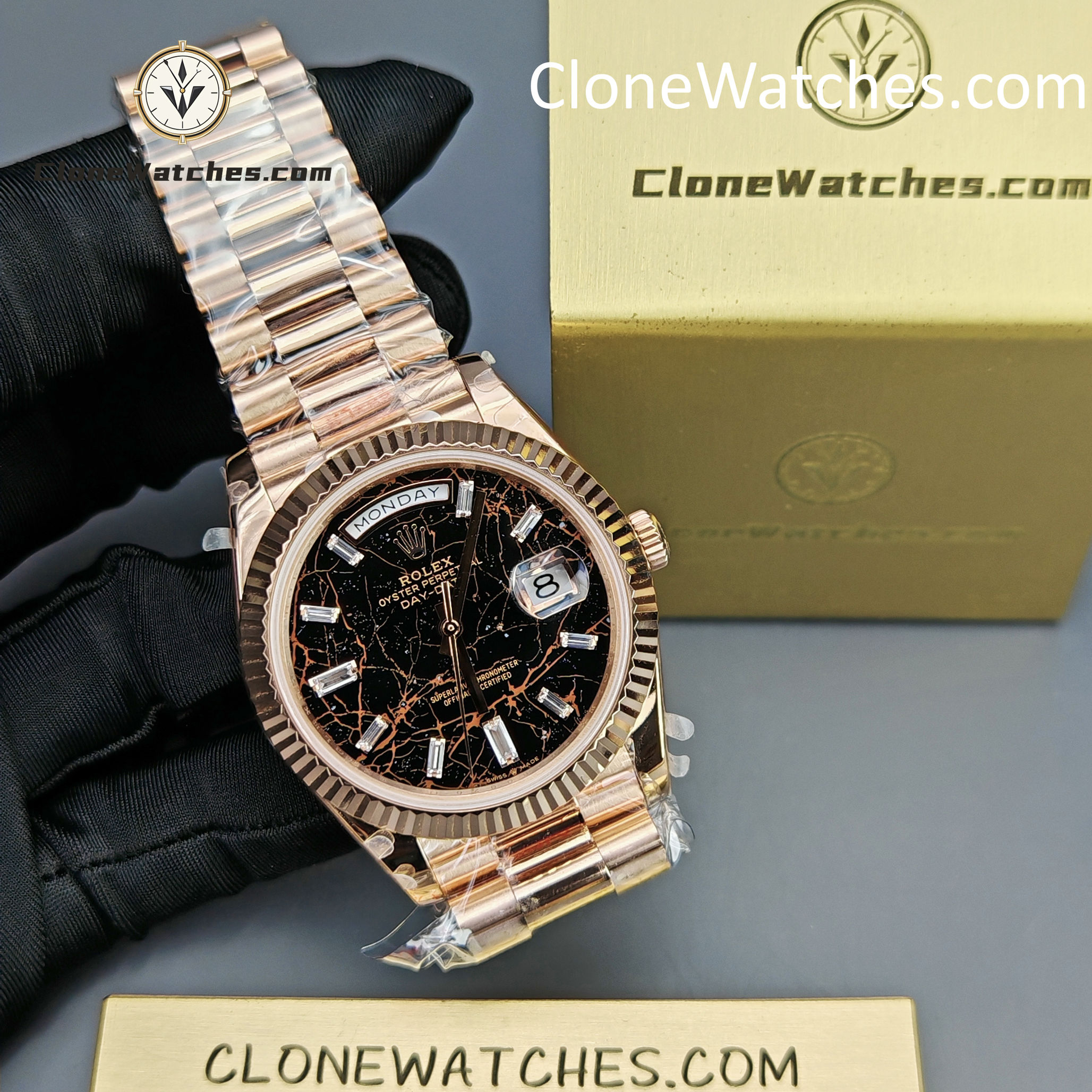 Rolex Super Clone Watches 1:1 Day Date 18K Rose Gold Black Diamond Dial 40mm m228235-0045 3255 Movement