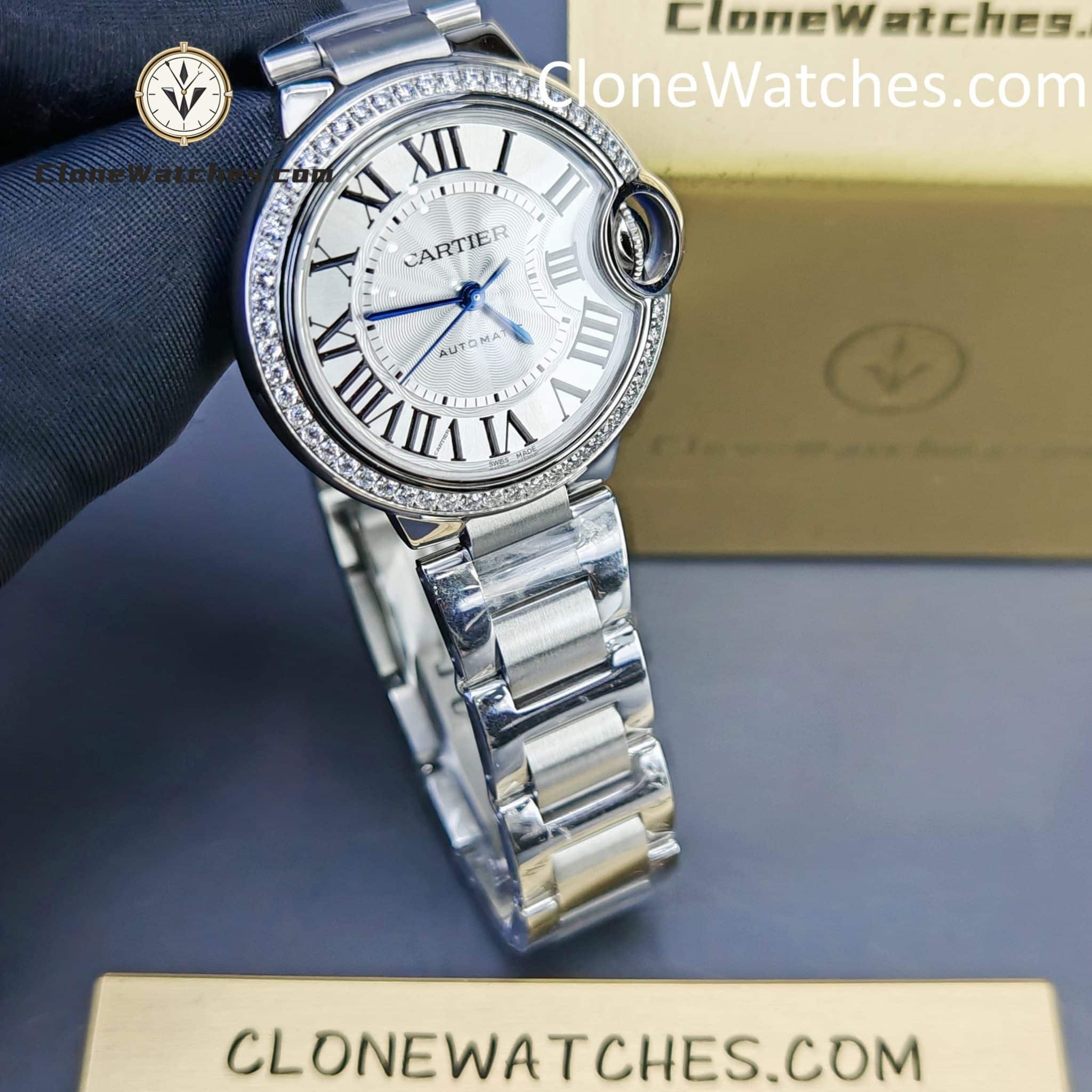 Cartier Super Clone Watches 1:1 Ballon Bleu de W4BB0024 Silver Dial Diamond Bezel 33mm