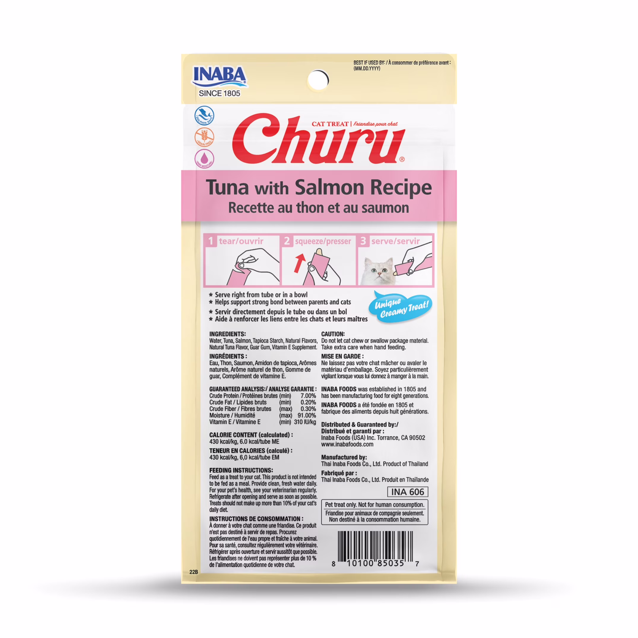 Inaba Churu Creamy, Lickable Wet Cat Treats, 0.5 oz, 4 Tubes, Tuna with Salmon