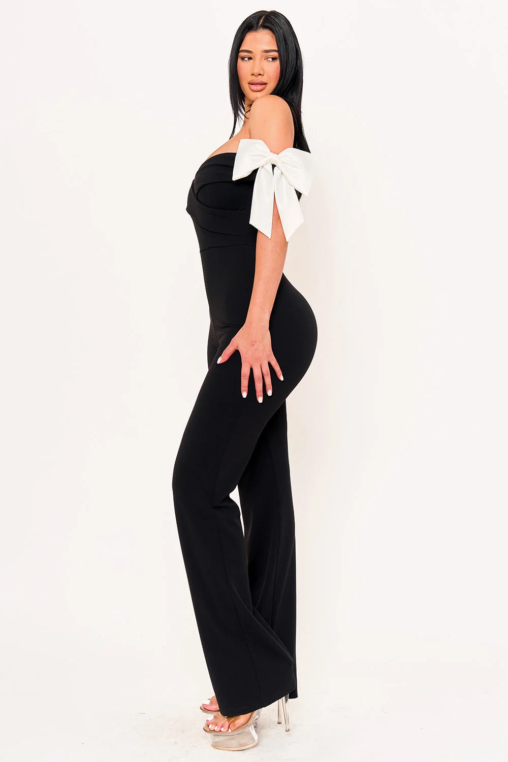 Symphony Jumpsuits- Fabric Contrast Off The Shoulder Jumpsuit