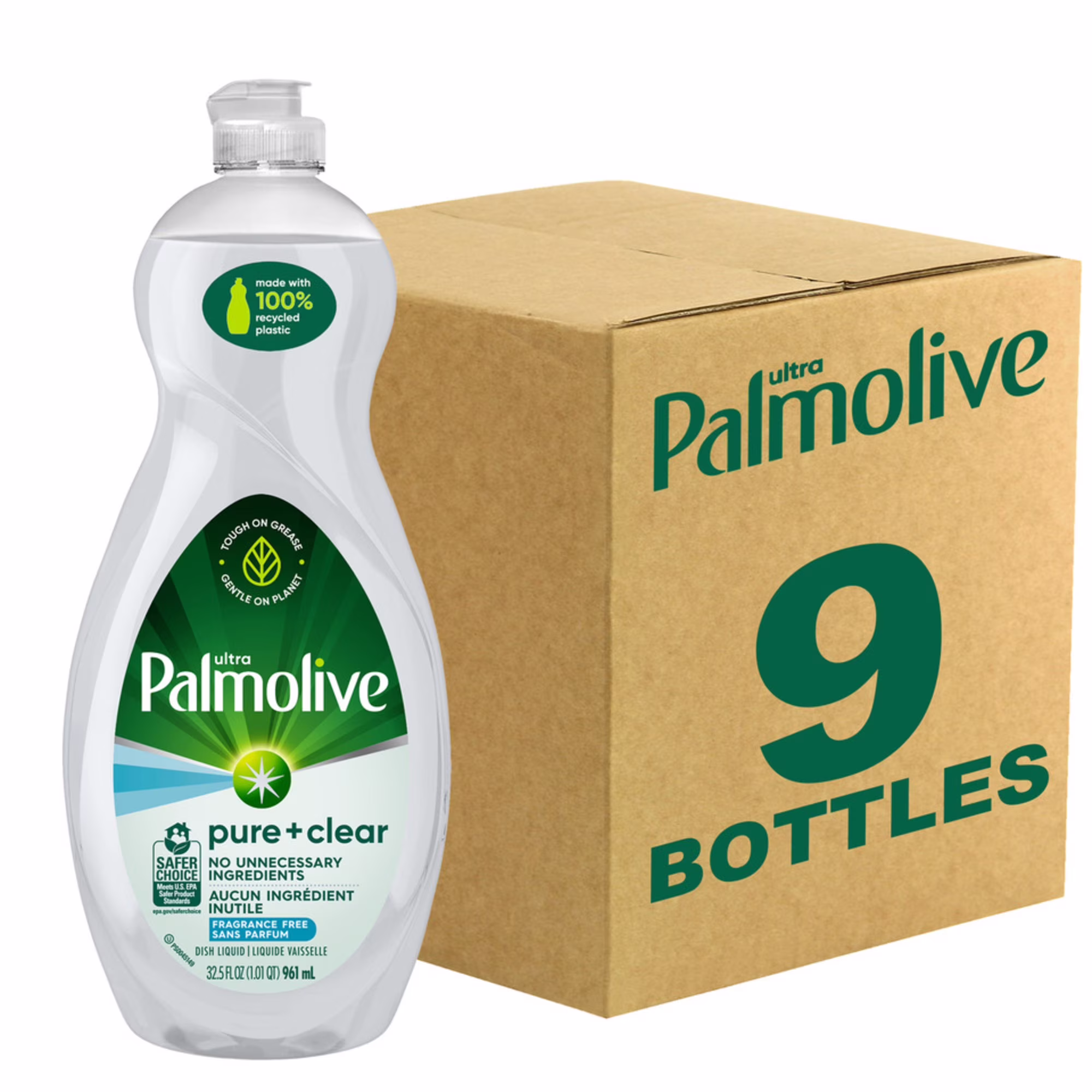(9 pack) Palmolive Ultra Pure + Clear Liquid Dish Soap, Fragrance Free, 32.5 Fluid Ounce Bottle