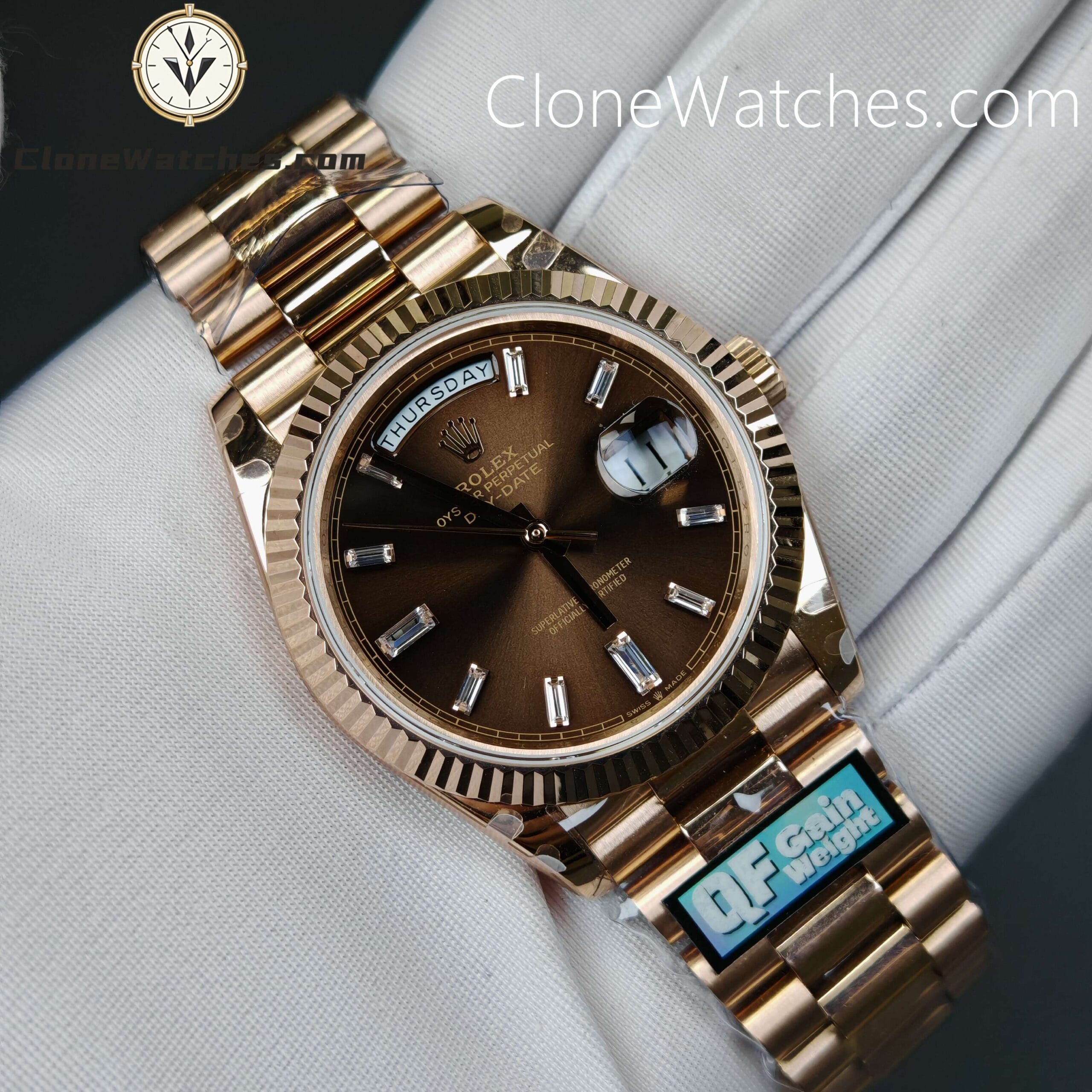 Rolex Super Clone Watches 1:1 Day Date 18K Rose Gold Diamond Chocolate Dial 40mm m228235 3255 Movement