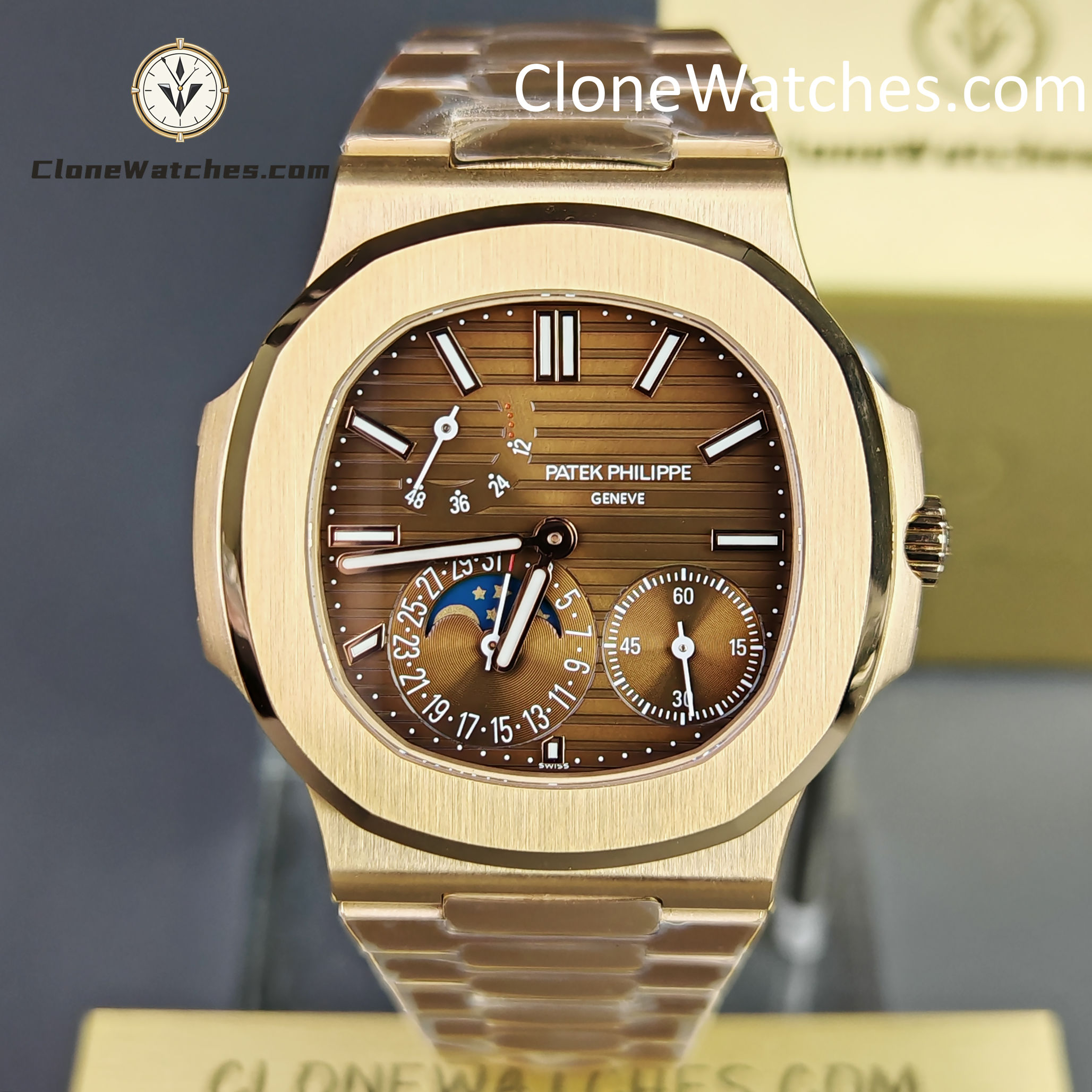 Patek Philippe Super Clone Watches 1:1 Nautilus Moon Phase 18K Rose Gold 5712 Brown Dial New Buckle