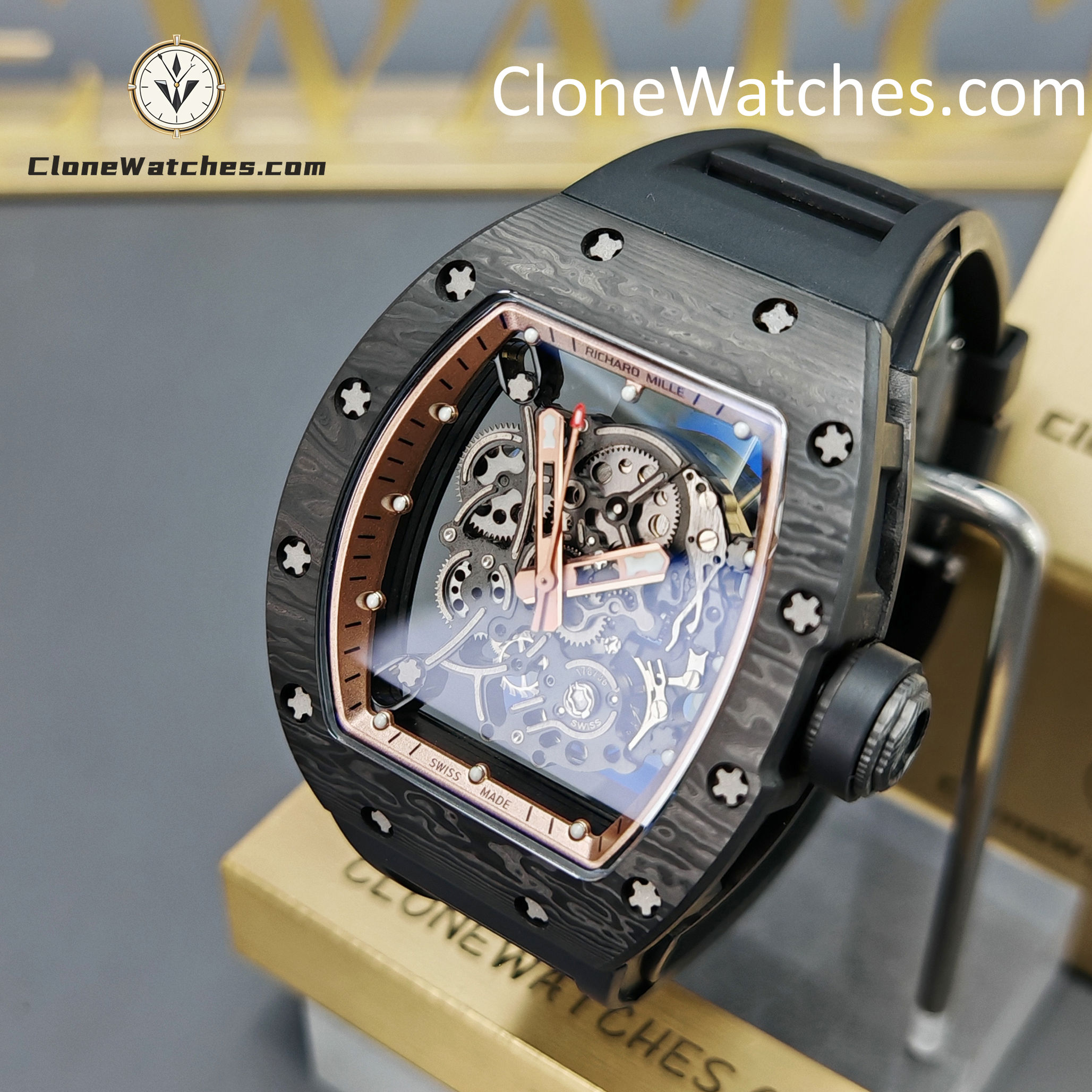 Richard Mille Super Clone Watches 1:1 RM 055 Carbon Tourbillon Black Strap