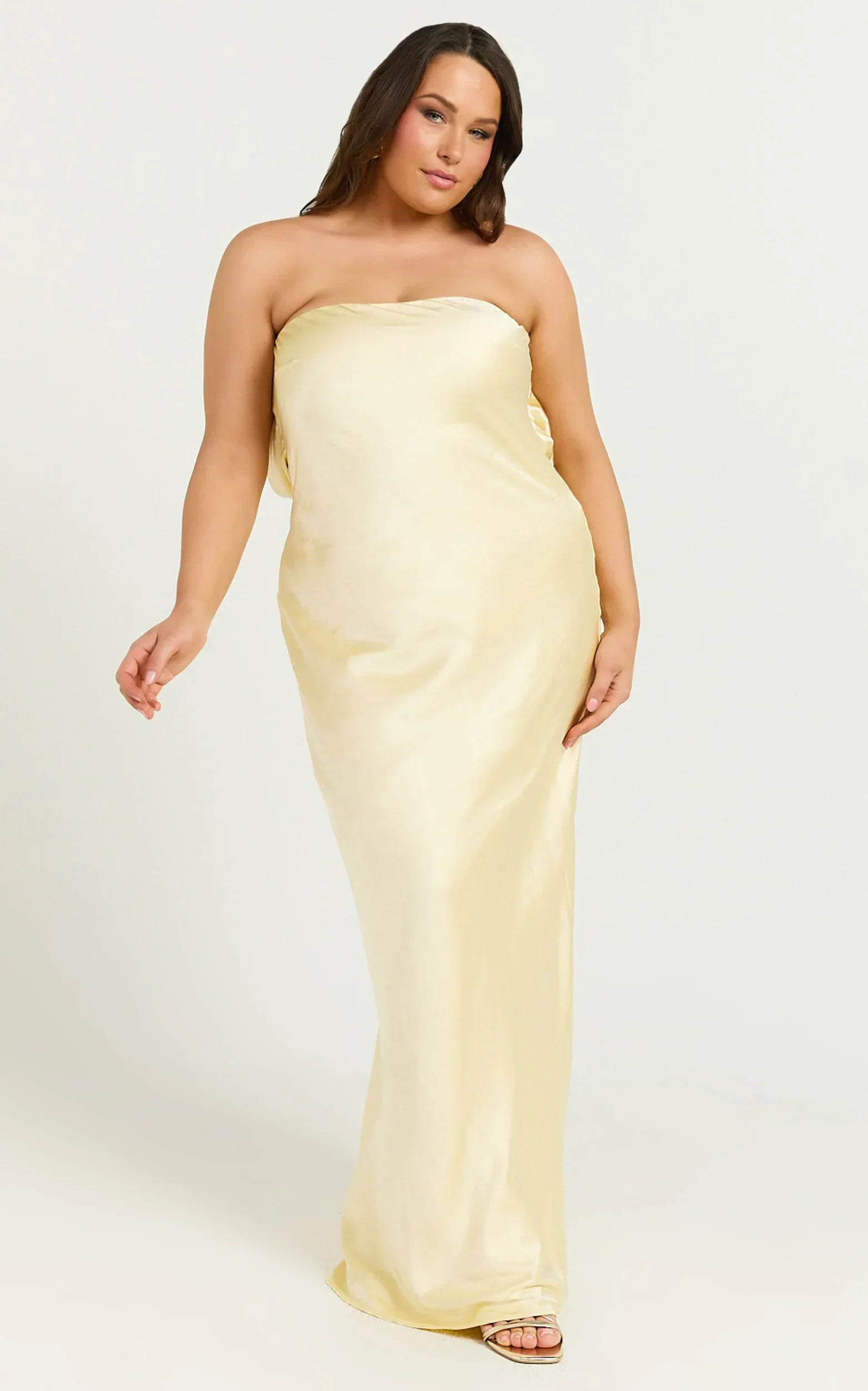 Charlita Maxi Dress - Strapless Cowl Back Satin Dress in Butter Yellow