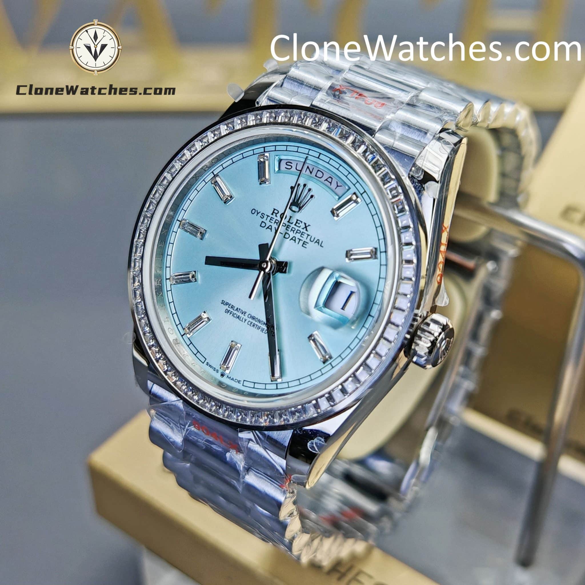 Rolex Super Clone Watches 1:1 Day Date Ice Blue Diamond Bezel Dial 36mm m128396tbr-0003 3255 Movement