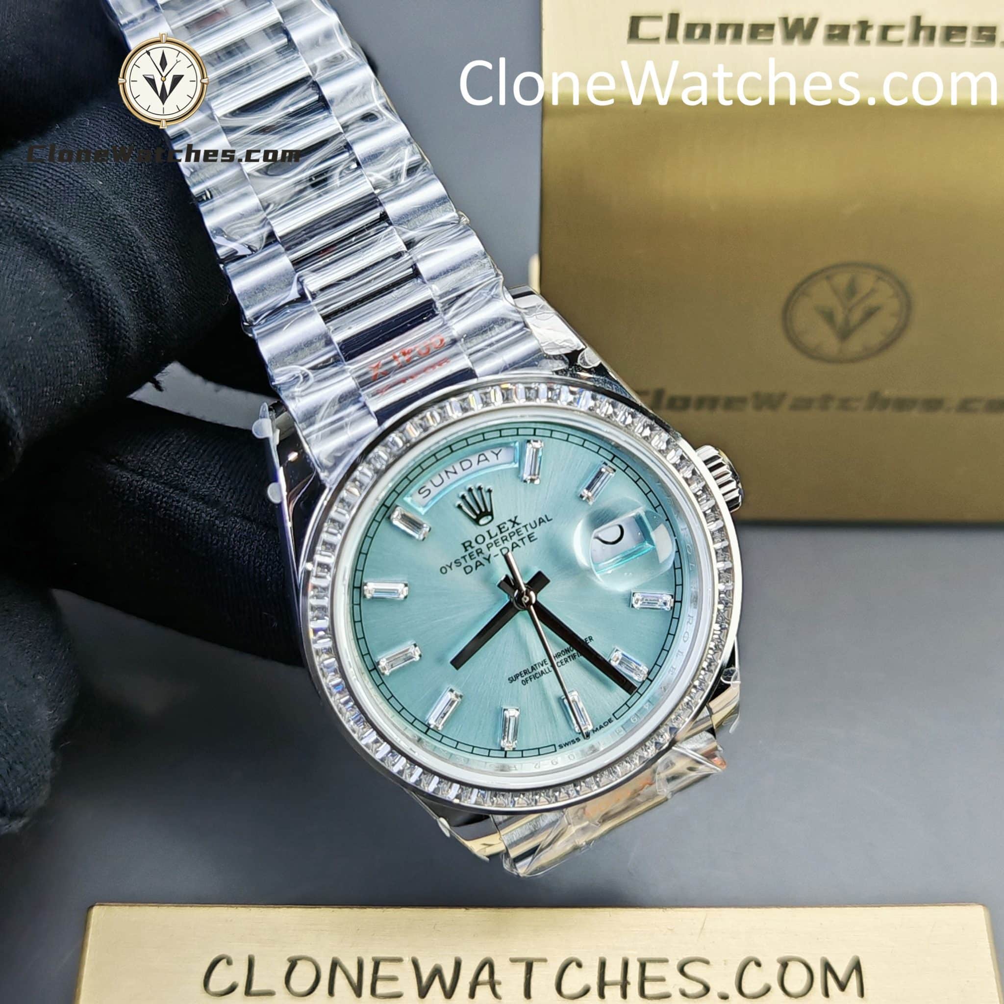 Rolex Super Clone Watches 1:1 Day Date Ice Blue Diamond Bezel Dial 36mm m128396tbr-0003 3255 Movement