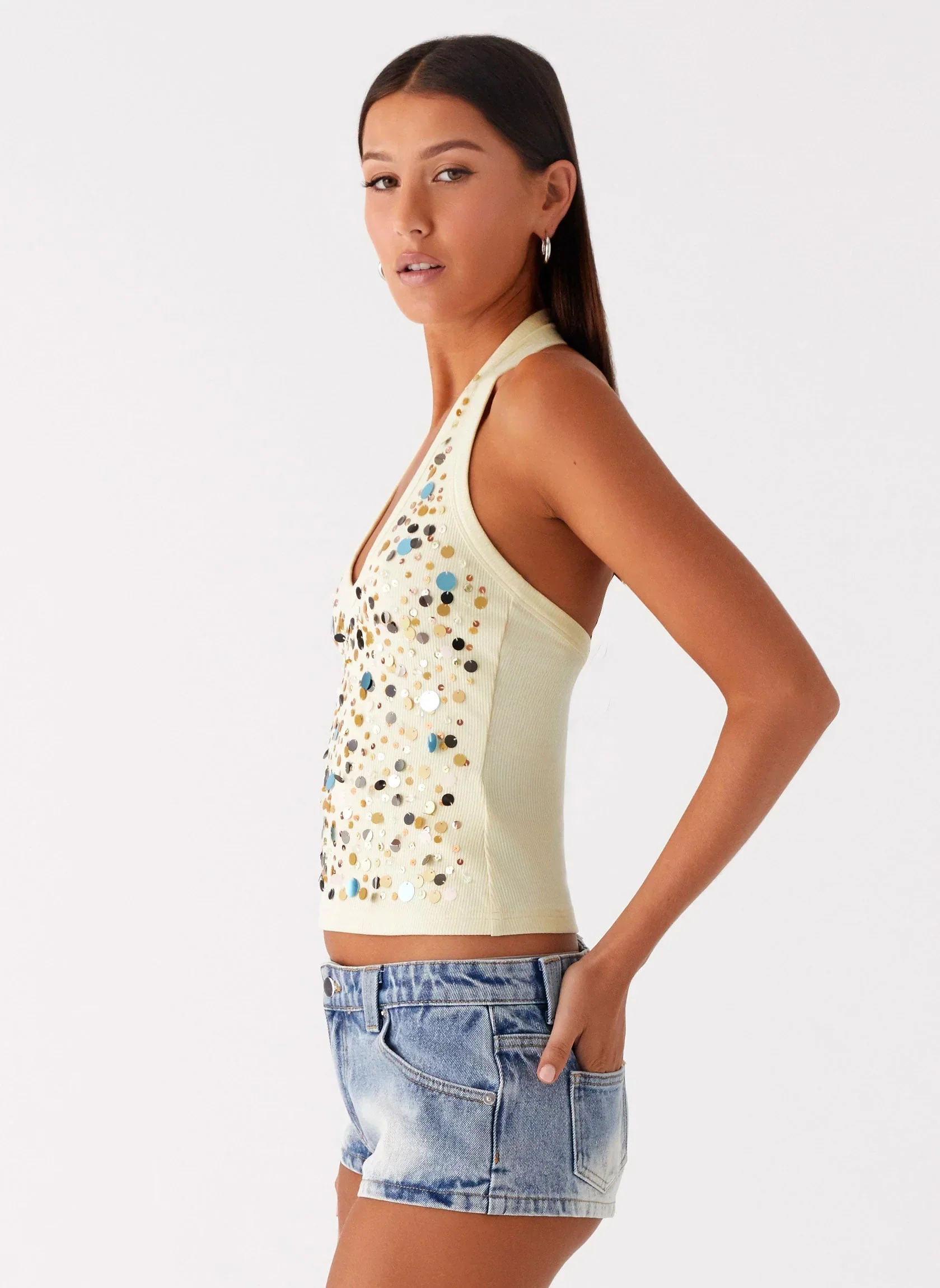 Eye Contact Sequin Halter Top - Yellow