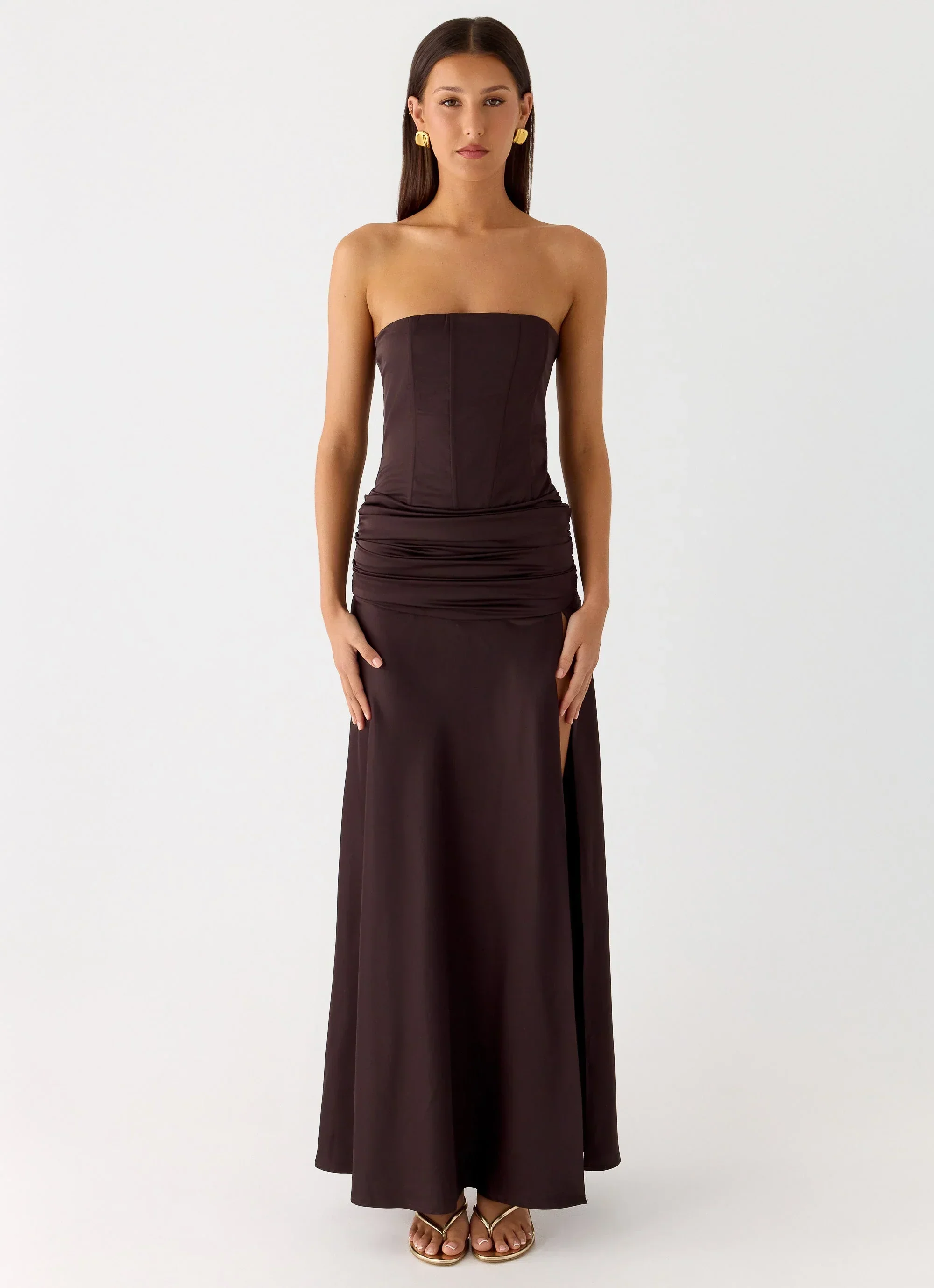 Darana Corset Satin Maxi Dress - Chocolate