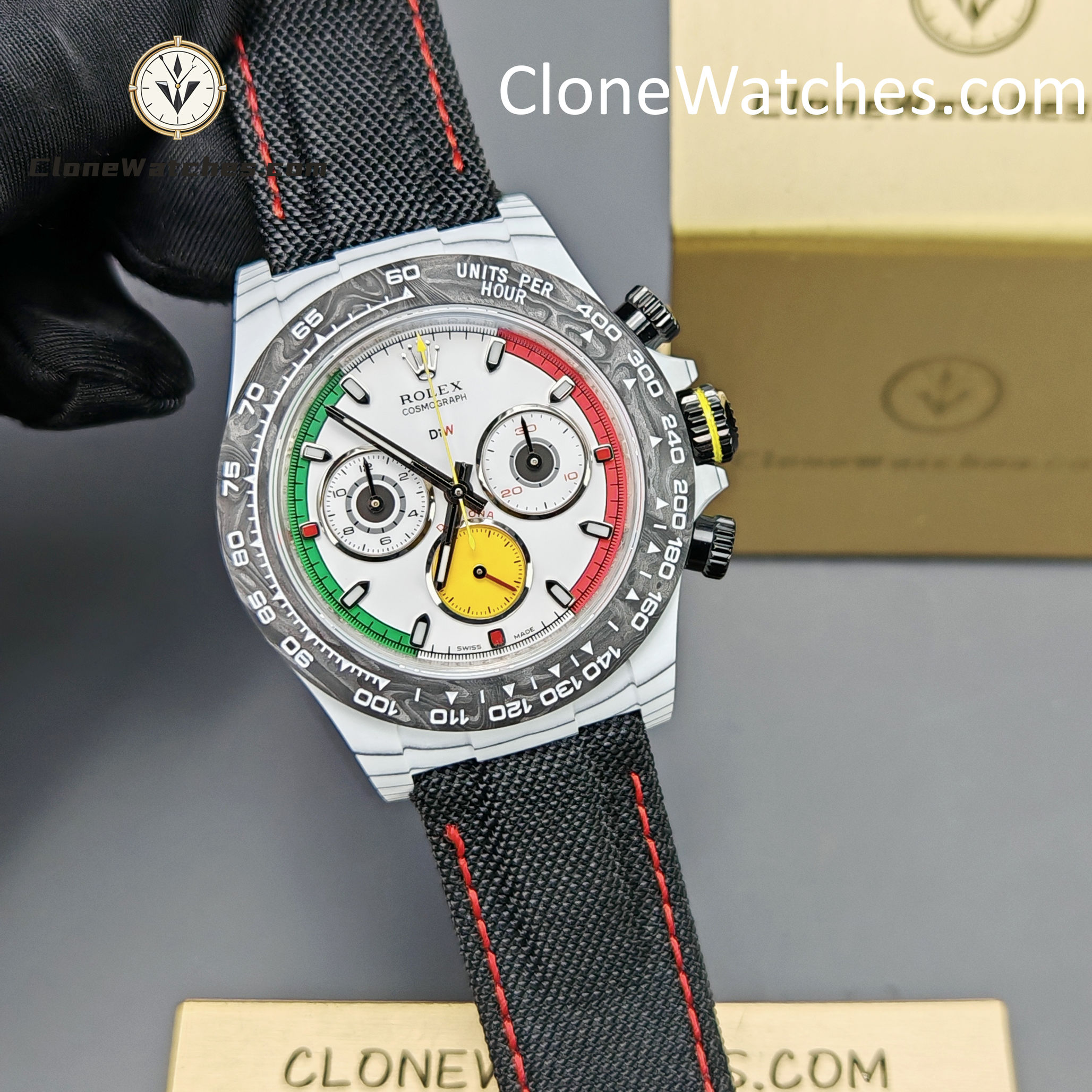 Modified Super Clone Watches 1:1 DiW Rolex Daytona CarboQuartz 4130 Movement Black Strap