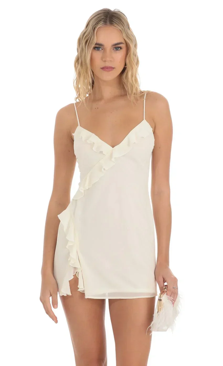 Chiffon Ruffle V-Neck Dress in Pastel Yellow