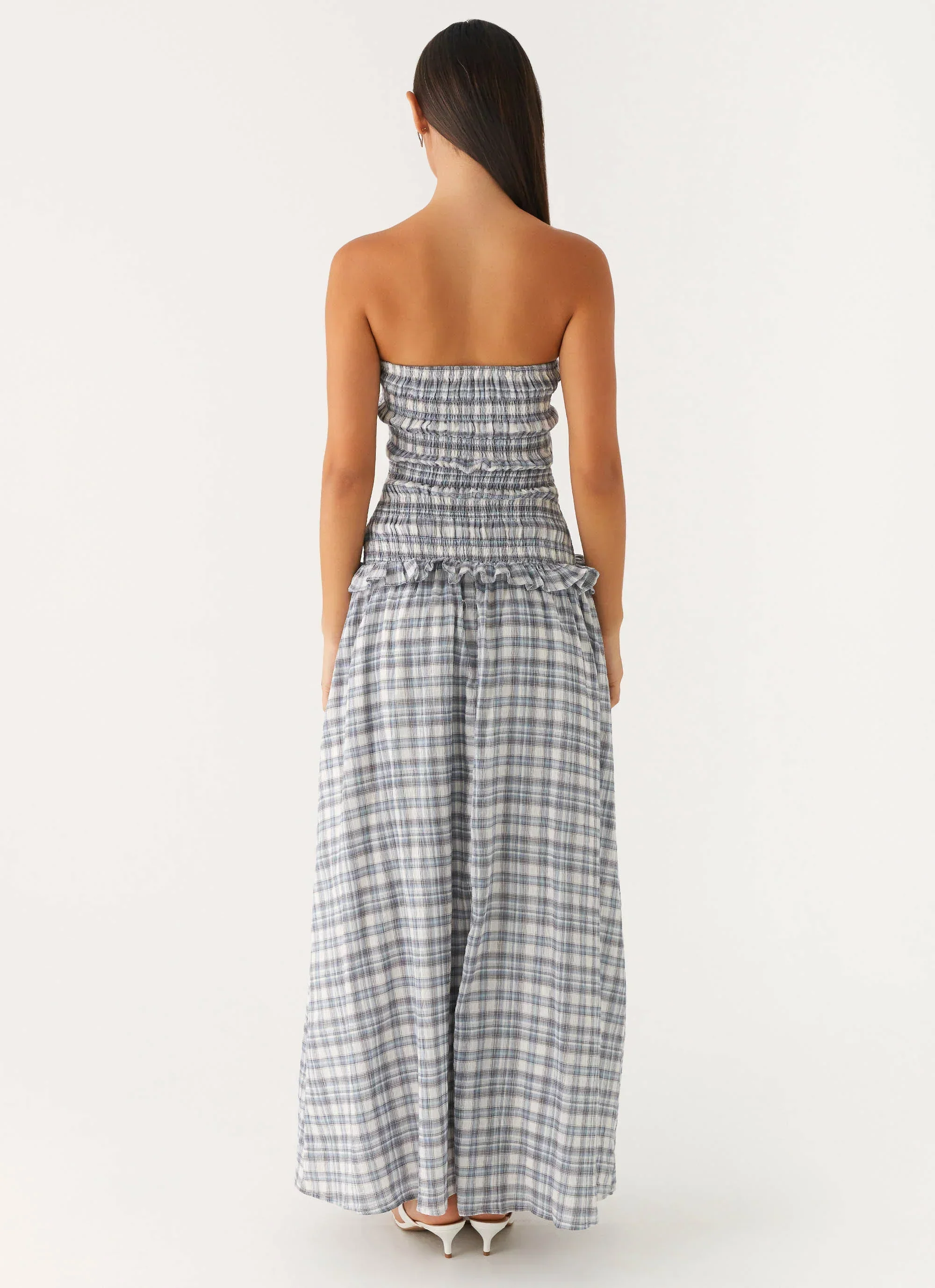 Malia Shirred Maxi Dress - Blue Grey Check
