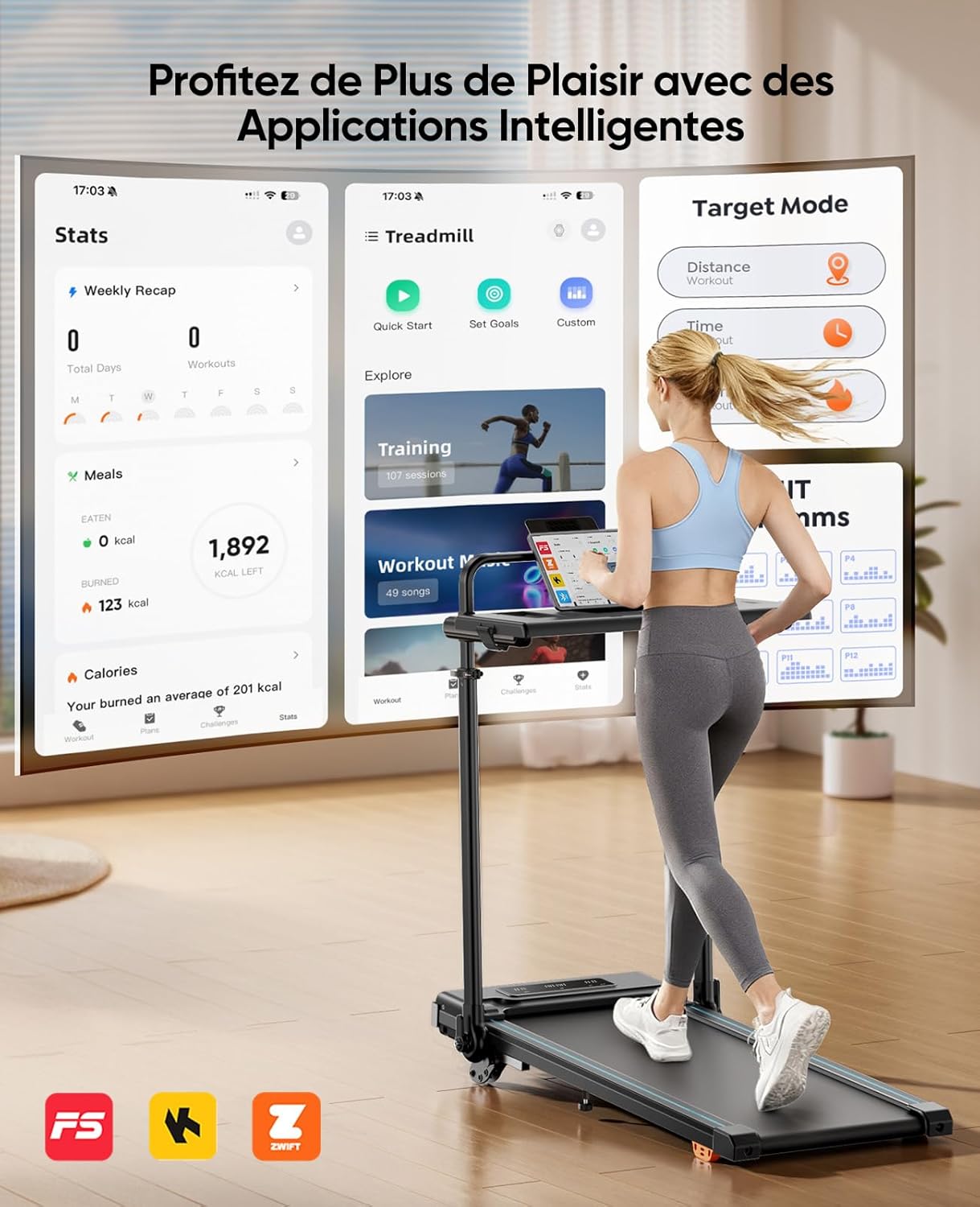Tapis de course pliable inclinable 12% 6 en 1 table amovible 12 km/h 30 HP poignée télescopique RGB 150 kg