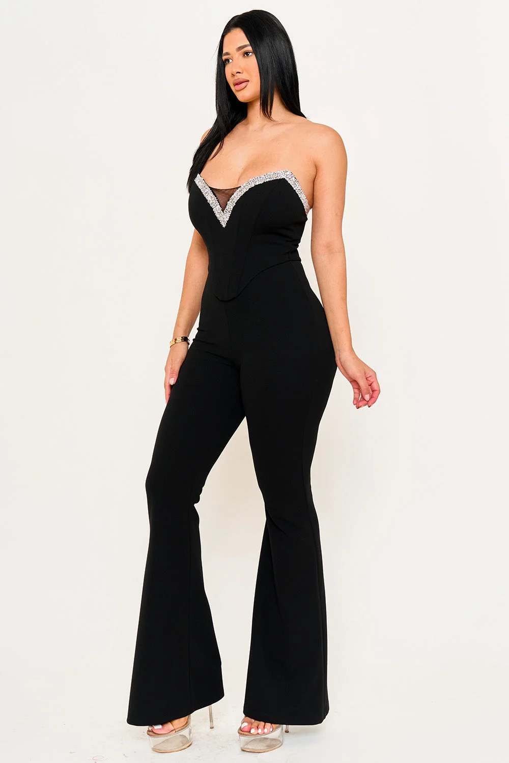 Symphony Jumpsuits- Rhinestone Tape Trim Around Bust Jumpsuit