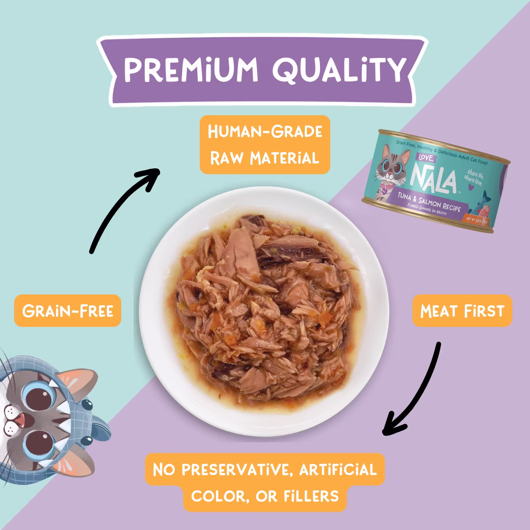 (6 pack) Love, Nala Adult Cat Flaked Wet Cat Food Tuna & Salmon Recipe in Broth, 2.8 oz